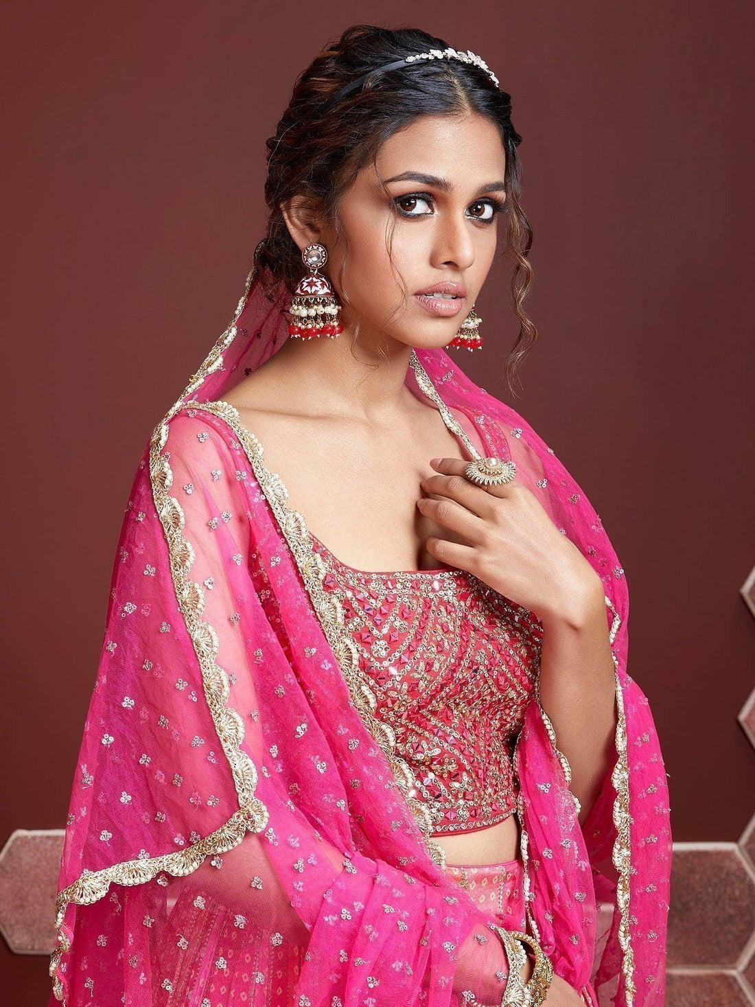 Wonderful Pink Embroidered Chinon Silk Wedding Wear Lehenga Choli - Zeel Clothing