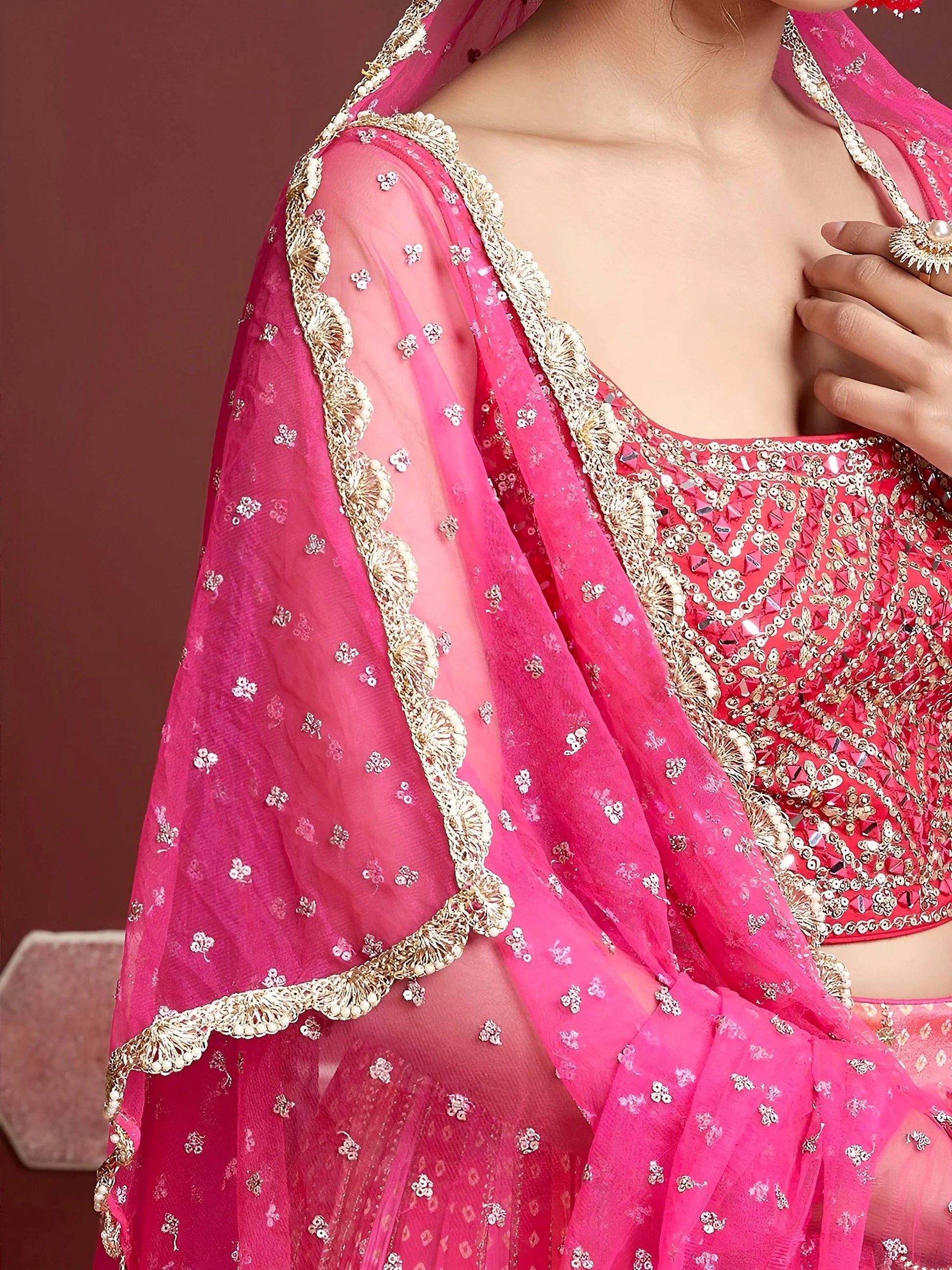 Wonderful Pink Embroidered Chinon Silk Wedding Wear Lehenga Choli