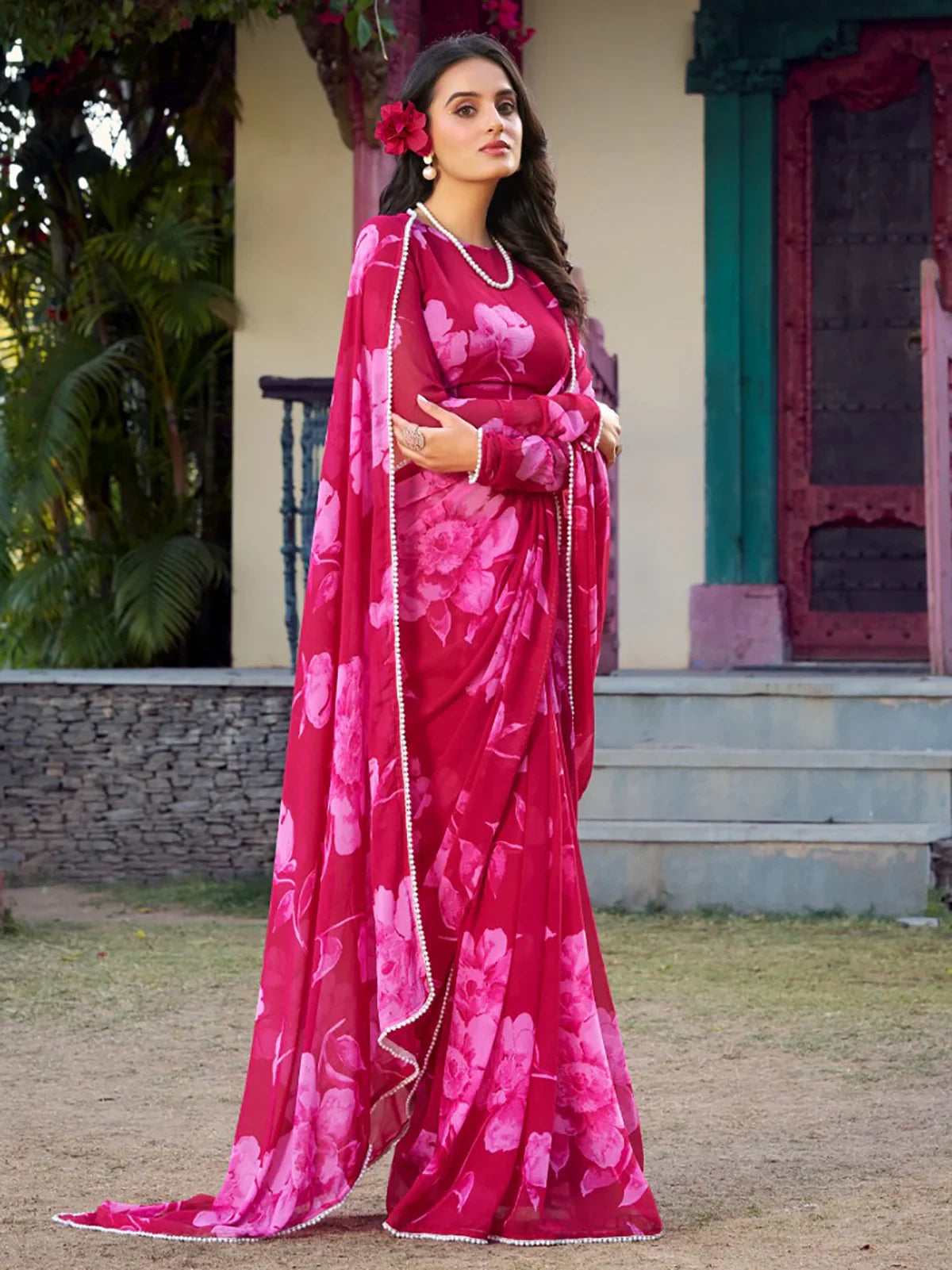 Wonderful Pink Floral Printed Chiffon Casual Wear Saree With Blouse - Zeel Clothing