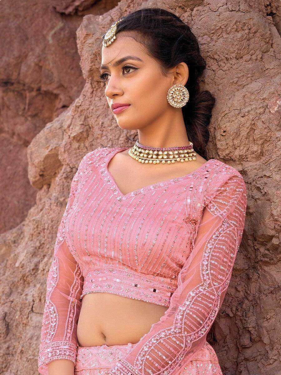 Wonderful Pink Mirror Work Net Reception Wear Lehenga Choli With Dupatta - Zeel Clothing