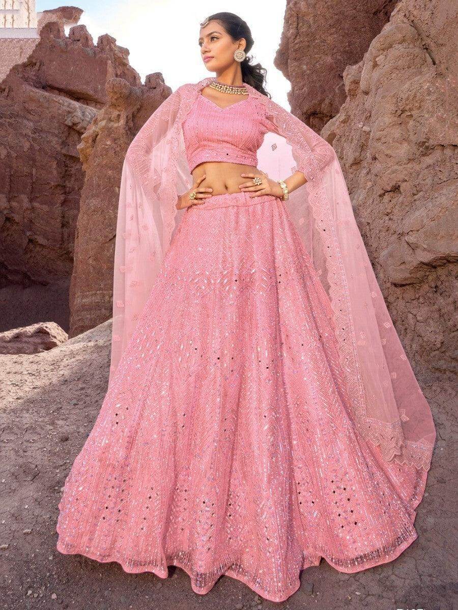 Wonderful Pink Mirror Work Net Reception Wear Lehenga Choli With Dupatta - Zeel Clothing