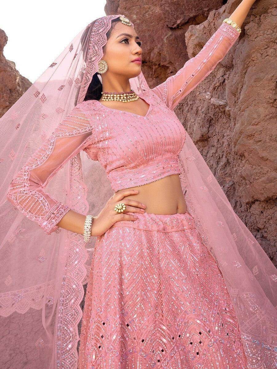Wonderful Pink Mirror Work Net Reception Wear Lehenga Choli With Dupatta - Zeel Clothing