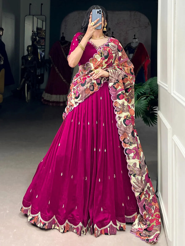 Wonderful Pink Printed Bordered Silk Engagement Wear Lehenga Choli With Dupatta