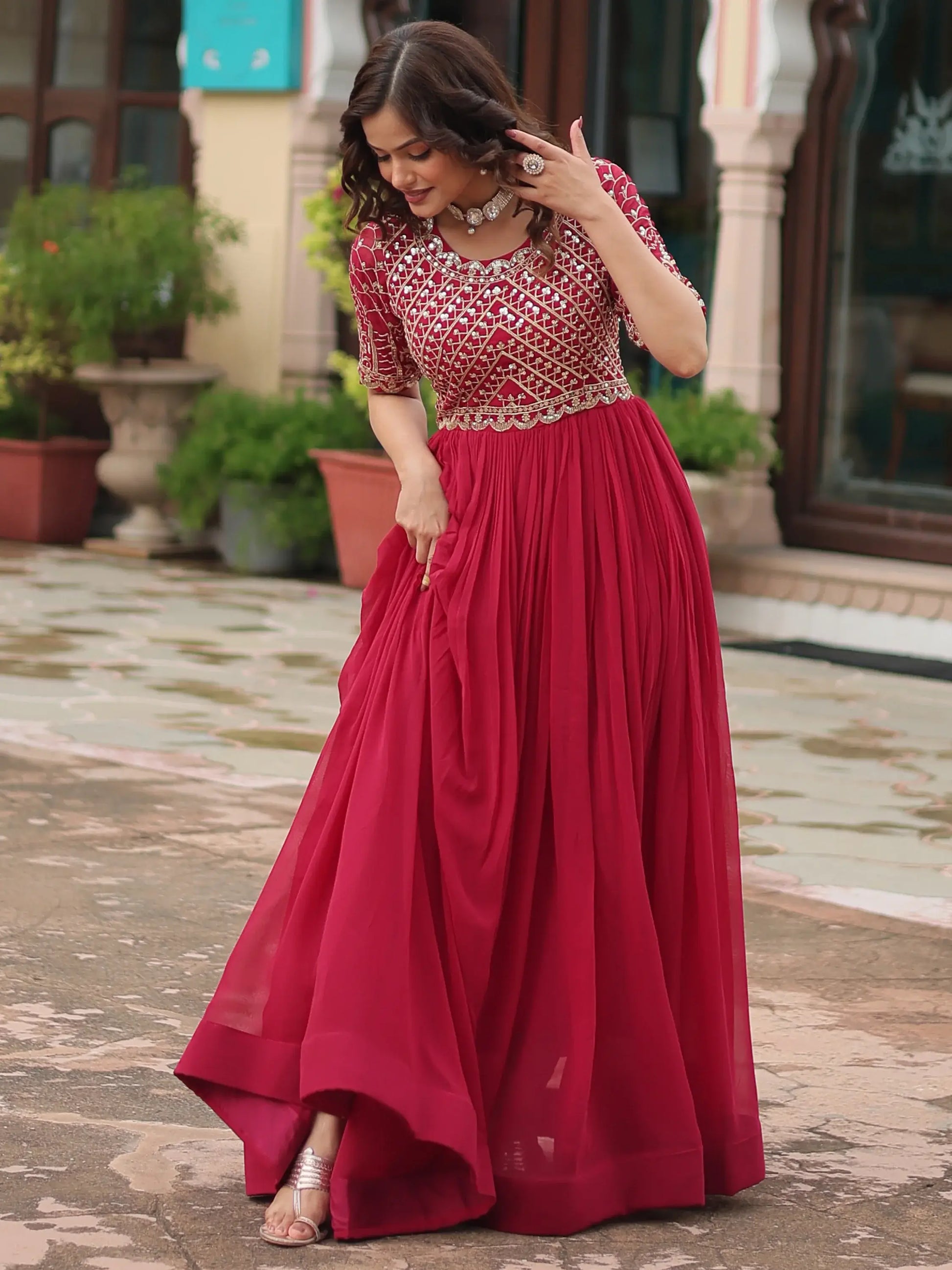 Wonderful Pink Sequins Georgette Engagement Wear Gown - Zeel Clothing