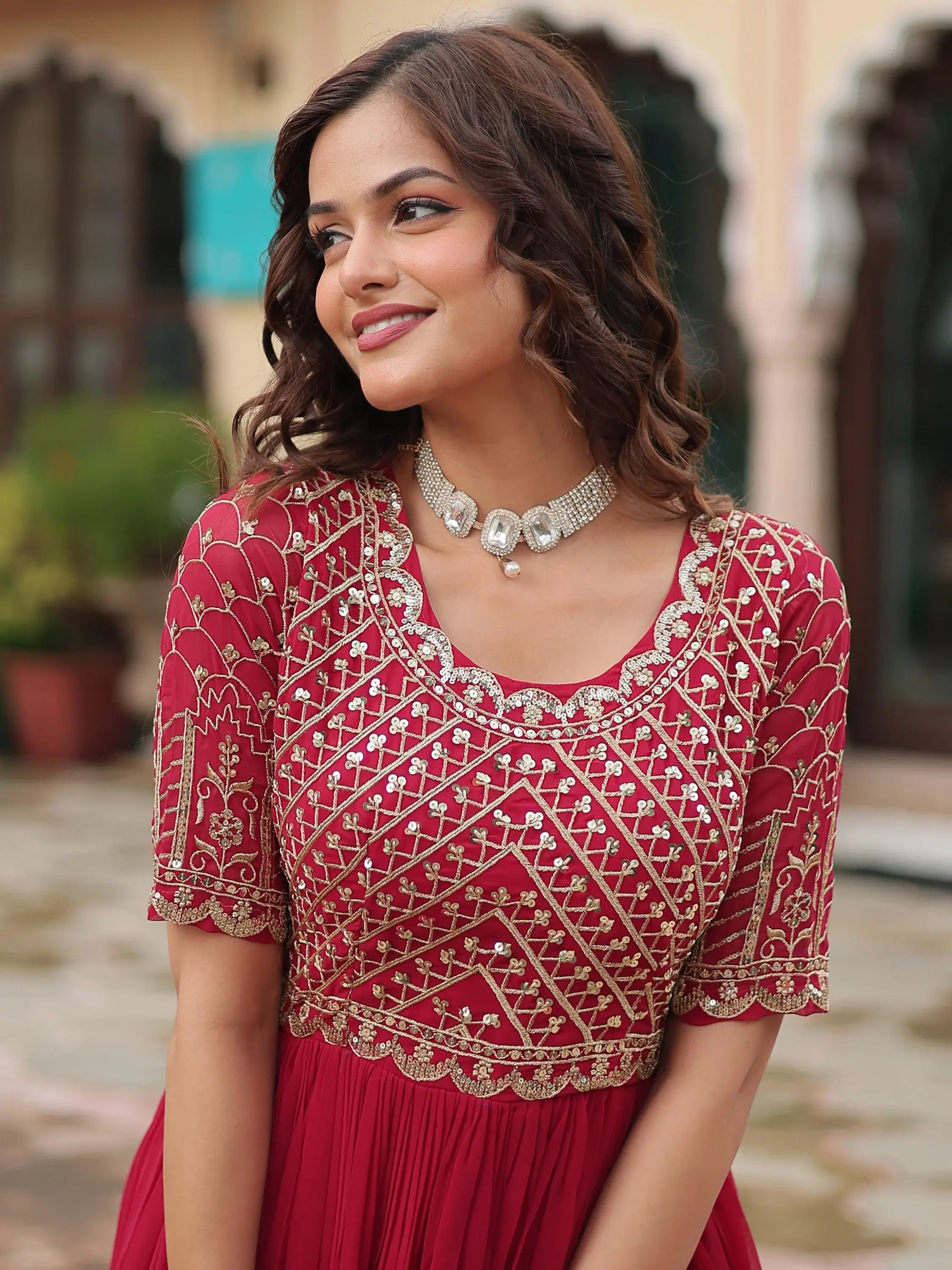 Wonderful Pink Sequins Georgette Engagement Wear Gown - Zeel Clothing