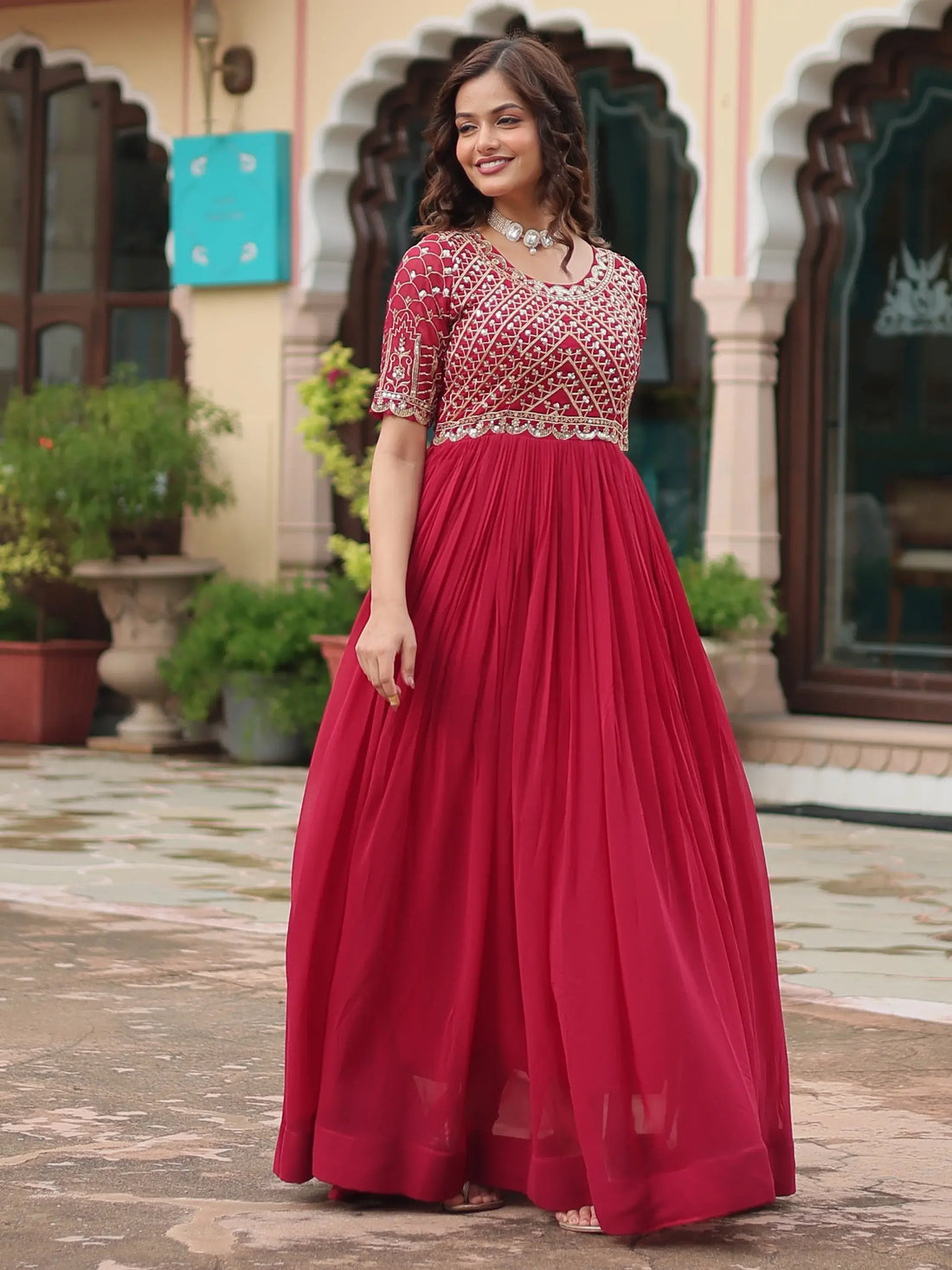 Wonderful Pink Sequins Georgette Engagement Wear Gown - Zeel Clothing
