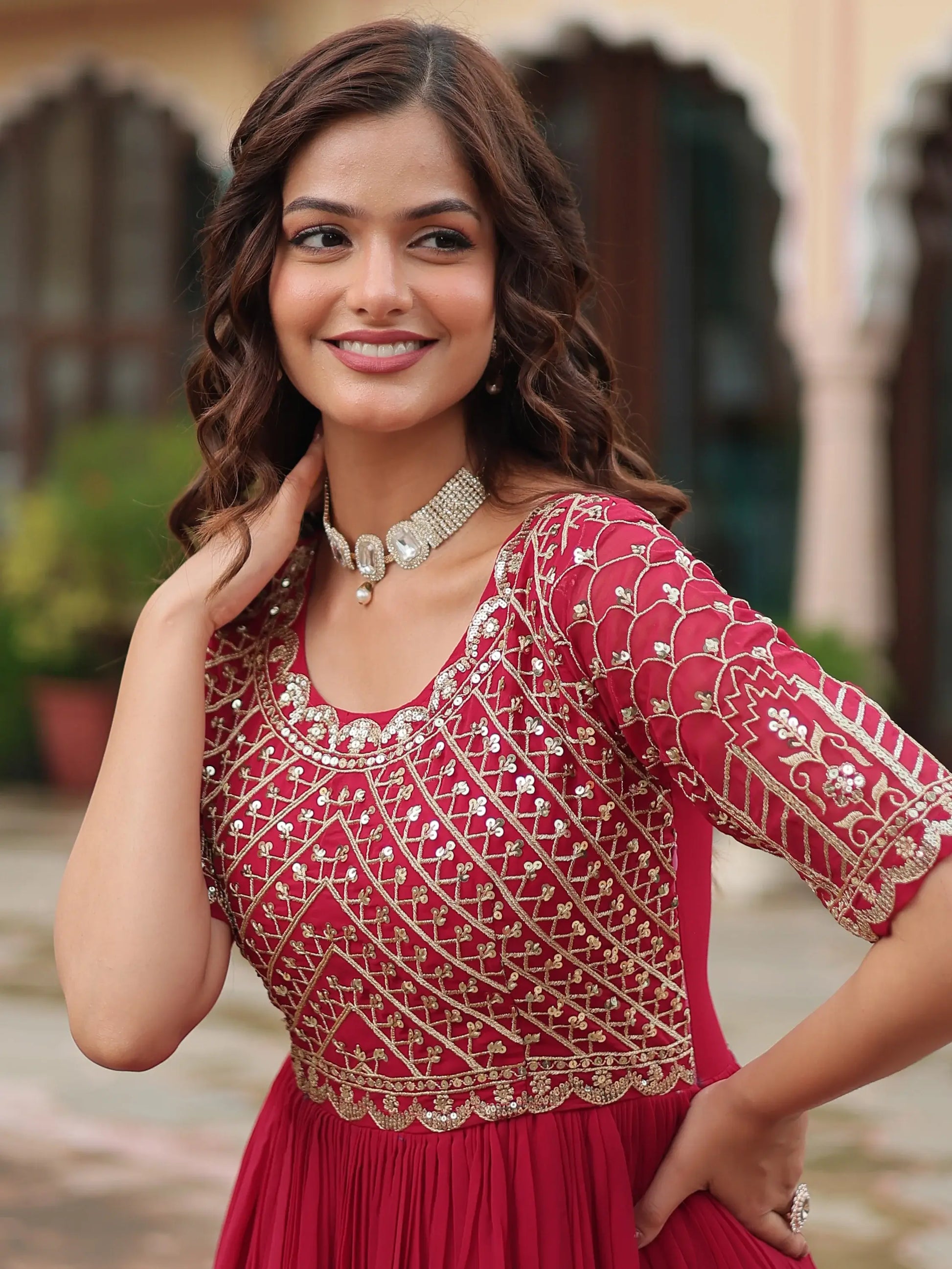 Wonderful Pink Sequins Georgette Engagement Wear Gown - Zeel Clothing