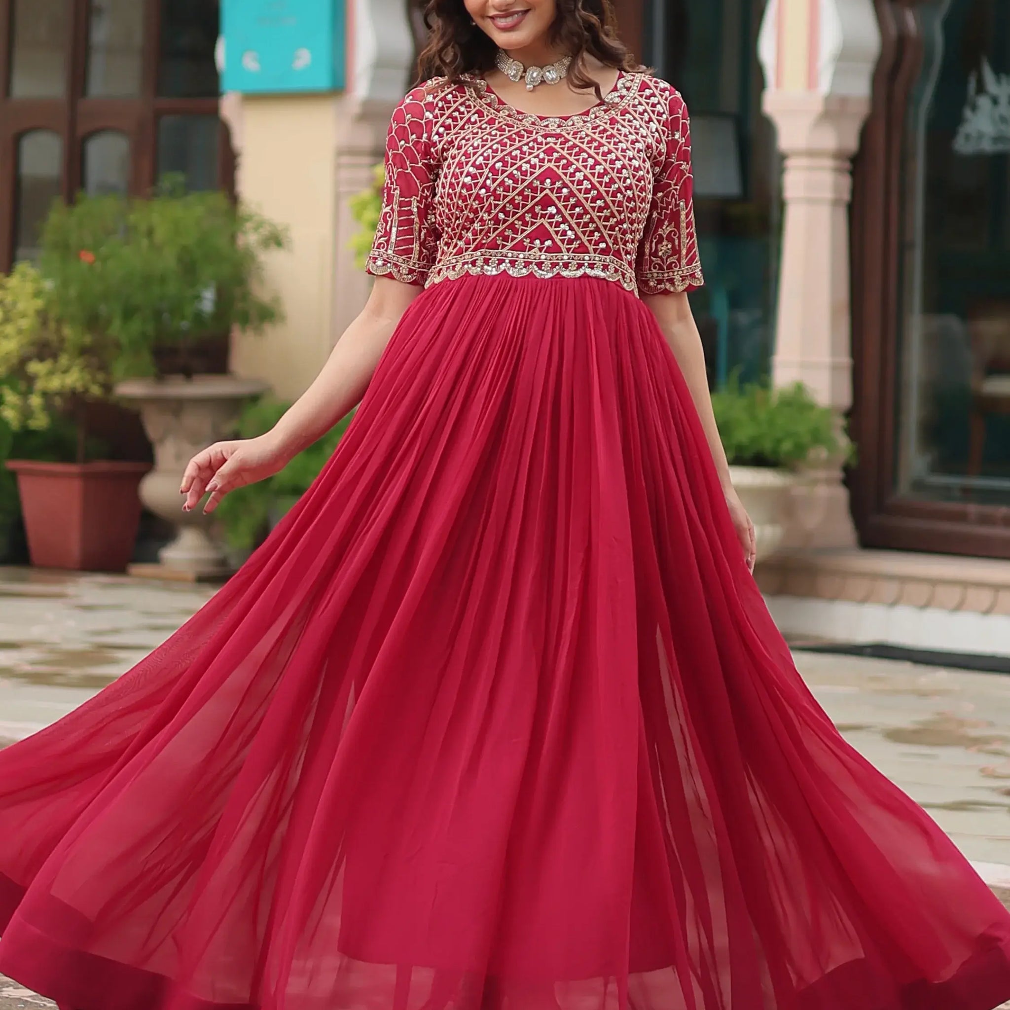 Wonderful Pink Sequins Georgette Engagement Wear Gown - Zeel Clothing