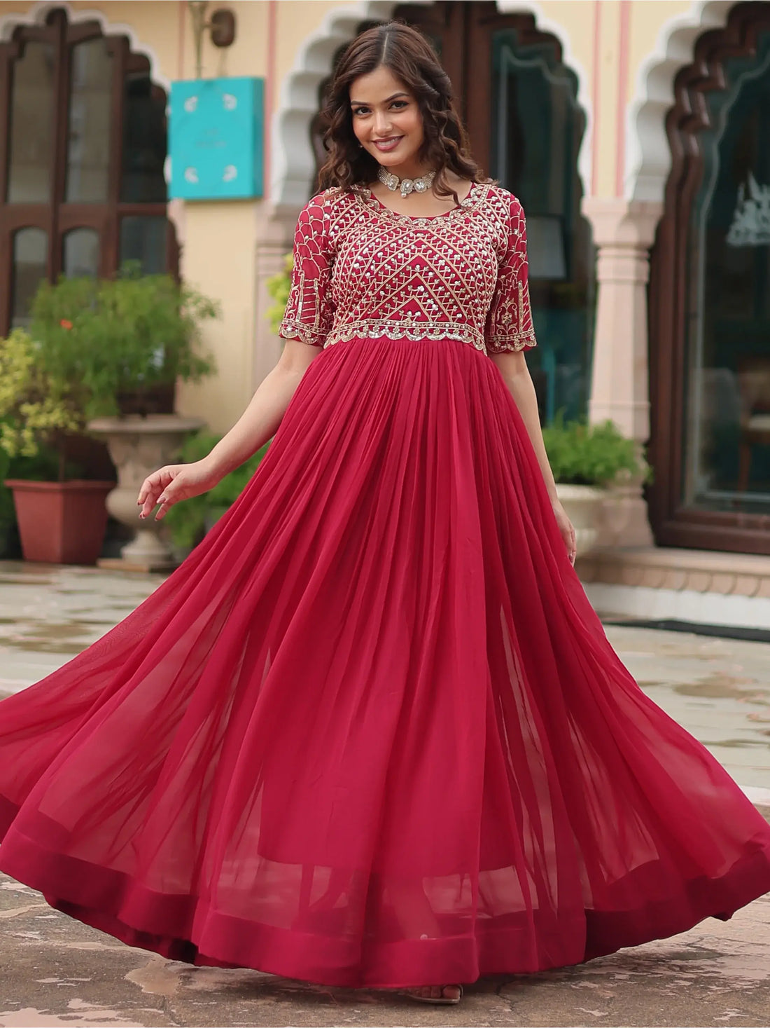 Wonderful Pink Sequins Georgette Engagement Wear Gown - Zeel Clothing