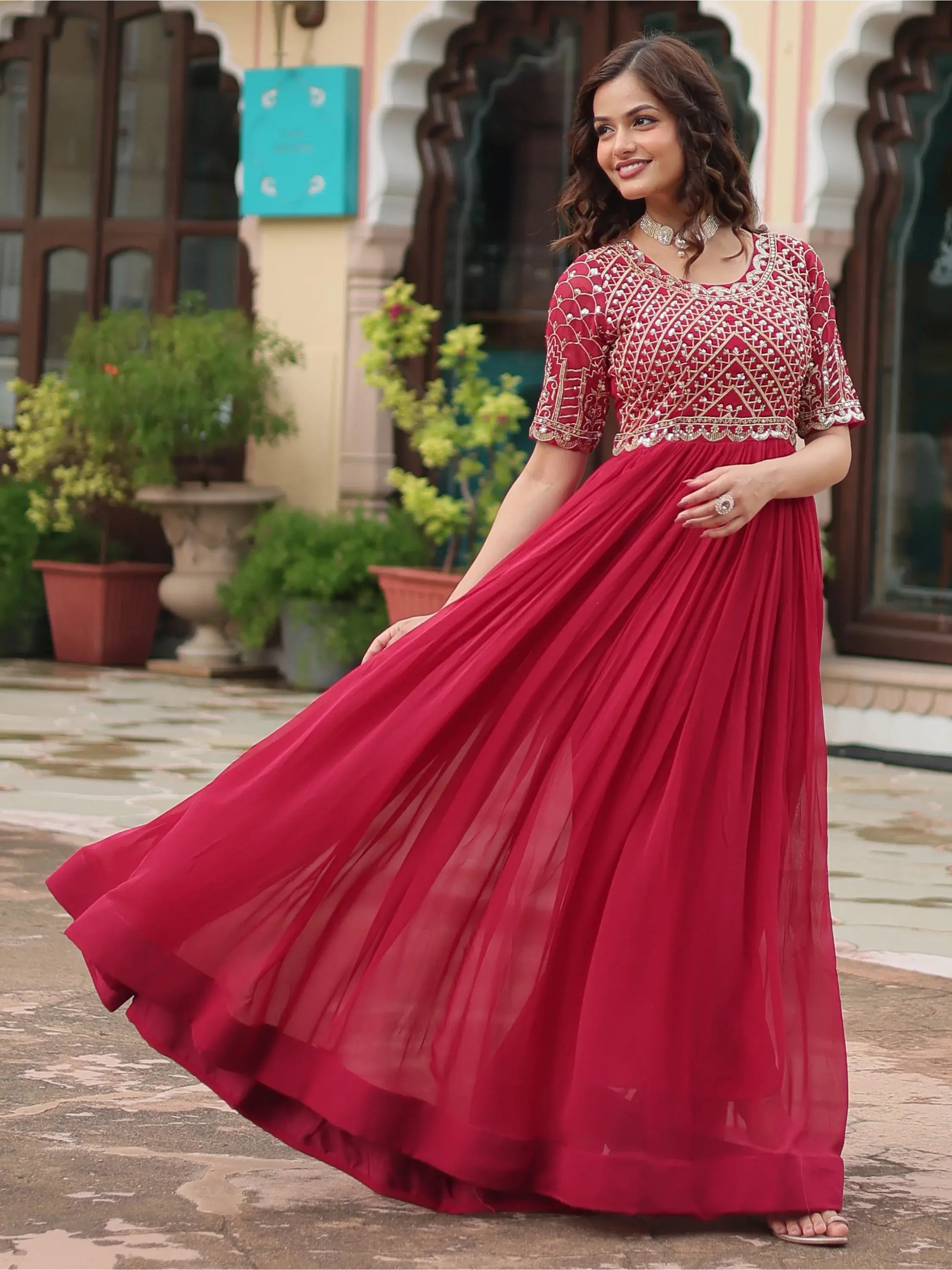 Wonderful Pink Sequins Georgette Engagement Wear Gown - Zeel Clothing