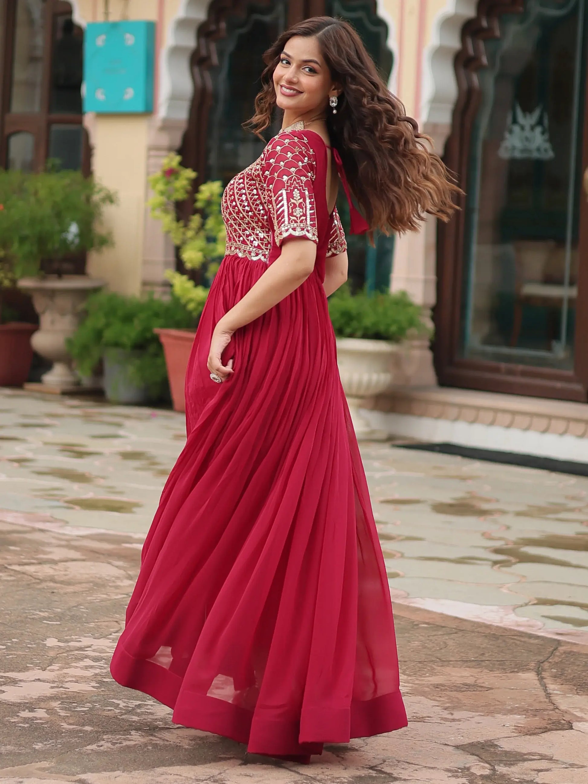 Wonderful Pink Sequins Georgette Engagement Wear Gown - Zeel Clothing