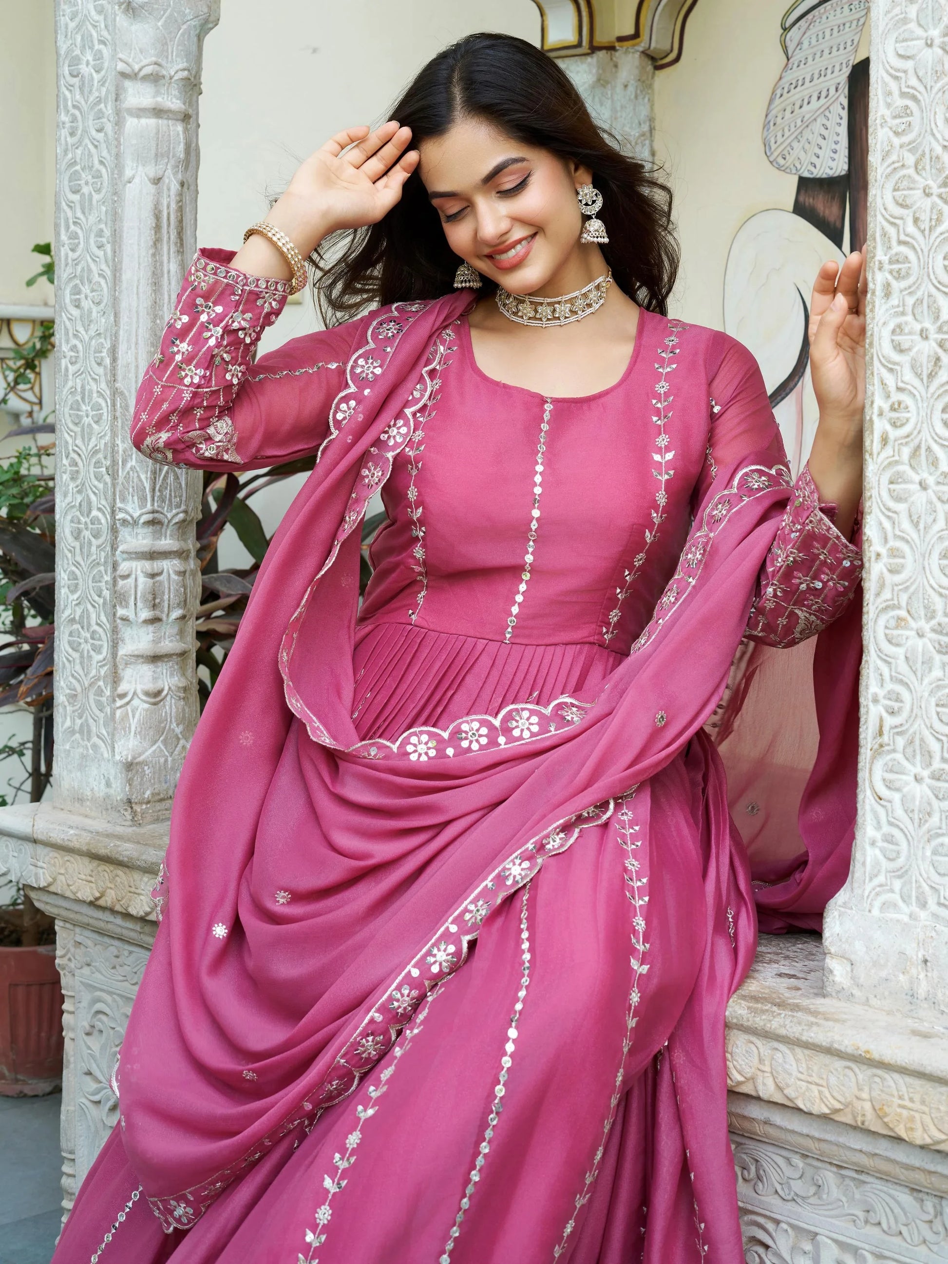 Wonderful Pink Sequins Georgette Marriage Wear Gown With Dupatta