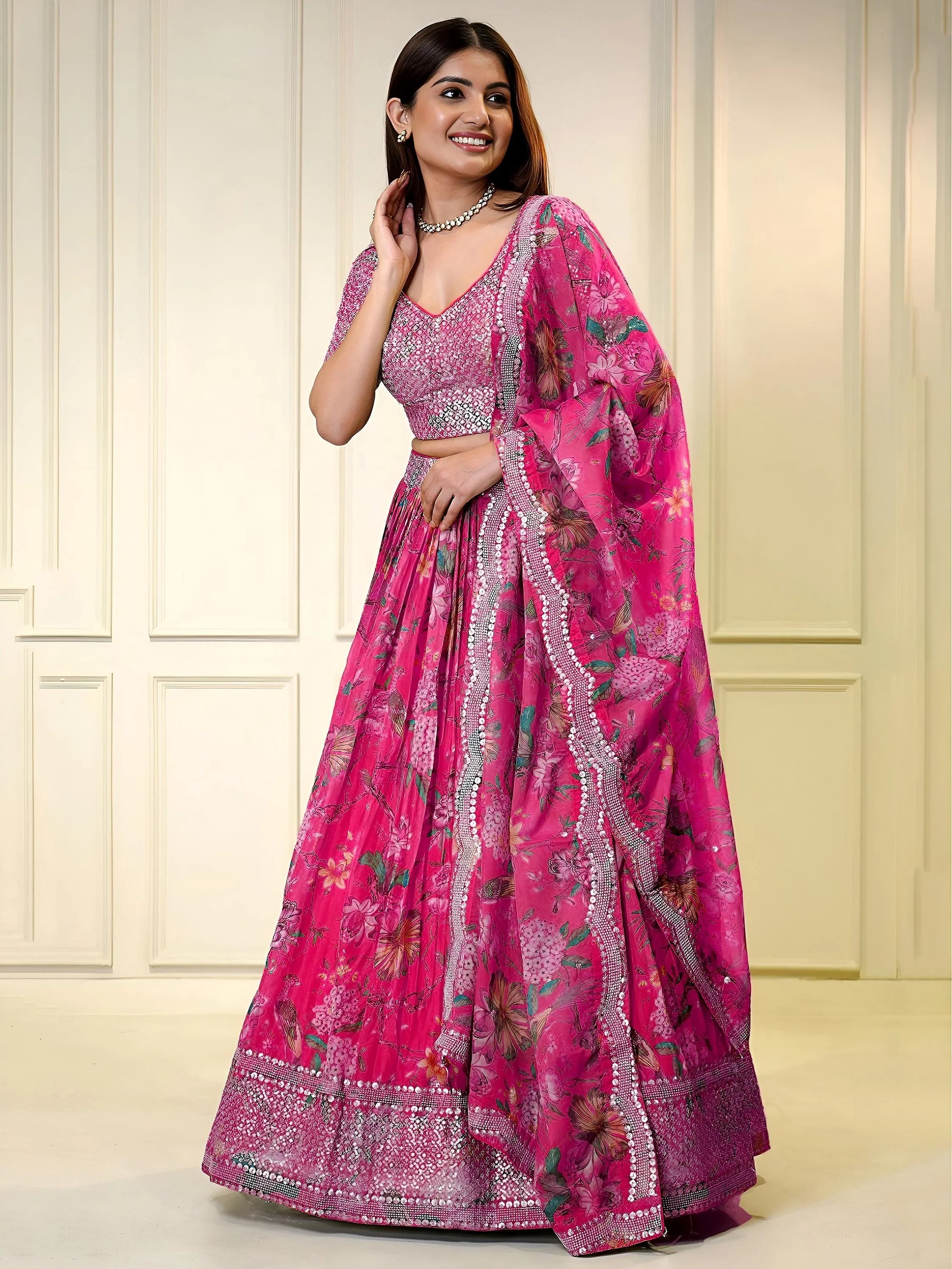 Wonderful Pink Sequins Organza Sangeet Wear Lehenga Choli