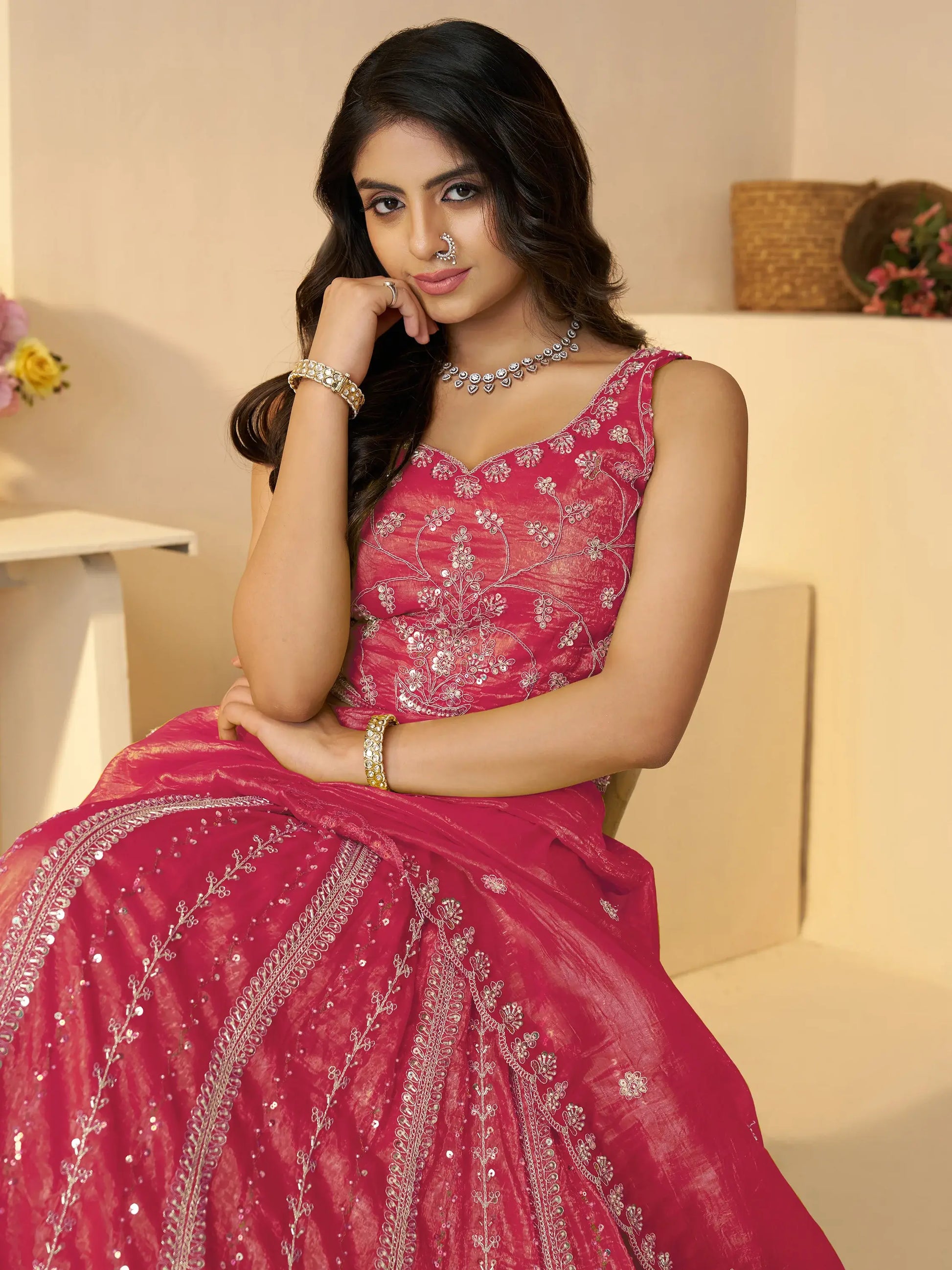 Wonderful Pink Sequins Silk Reception Wear Lehenga Choli With Dupatta - Zeel Clothing