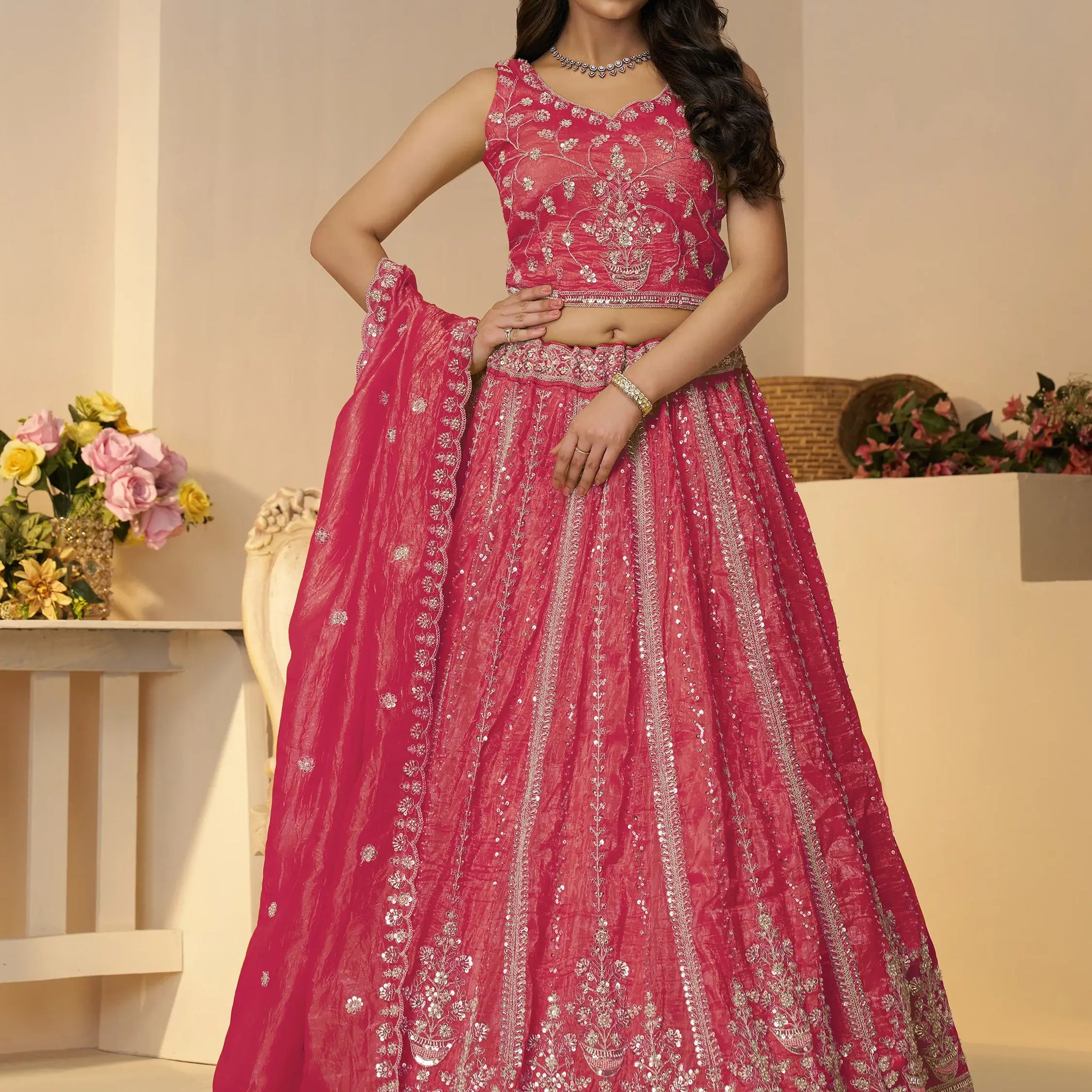 Wonderful Pink Sequins Silk Reception Wear Lehenga Choli With Dupatta - Zeel Clothing