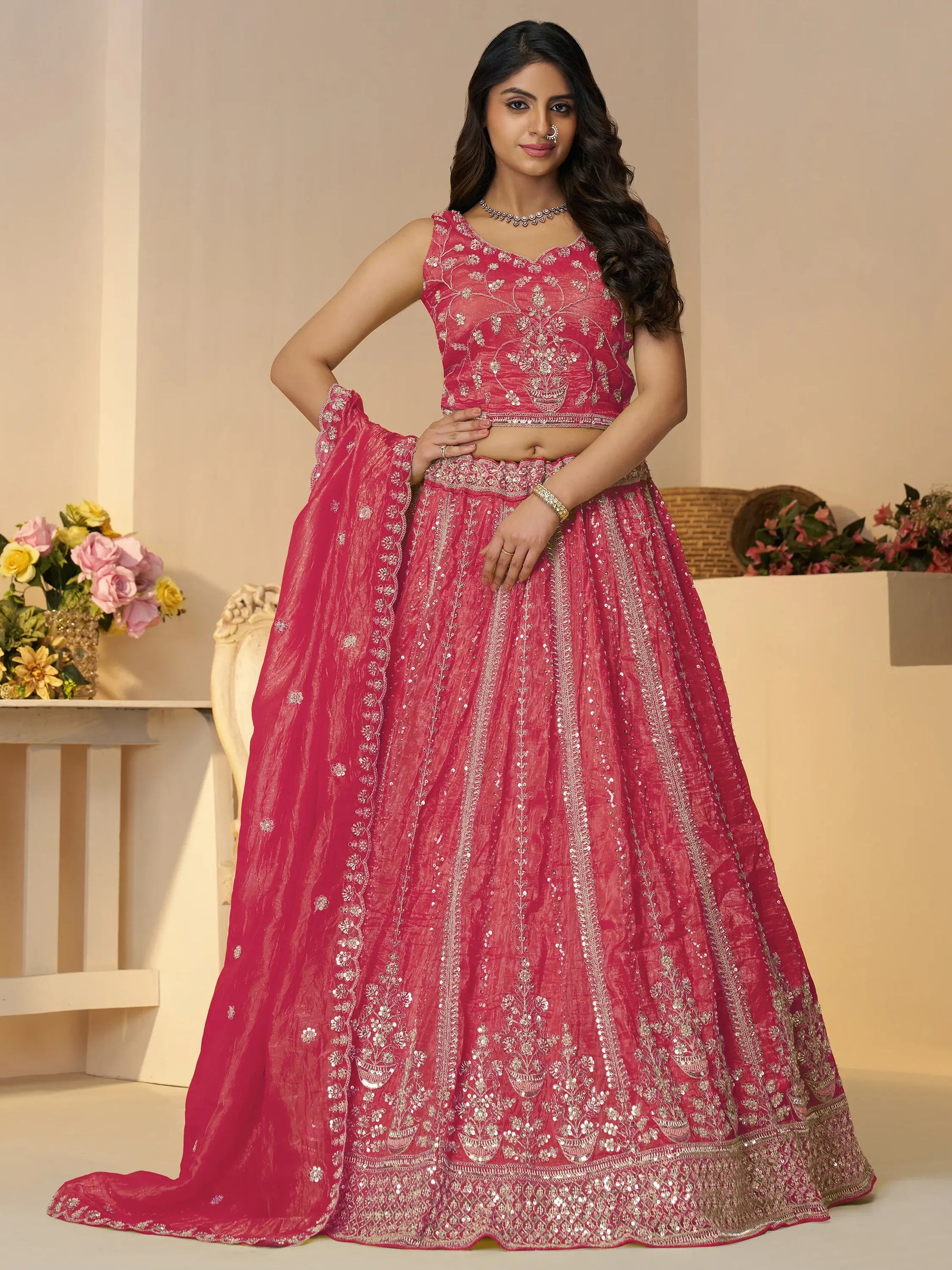Wonderful Pink Sequins Silk Reception Wear Lehenga Choli With Dupatta - Zeel Clothing