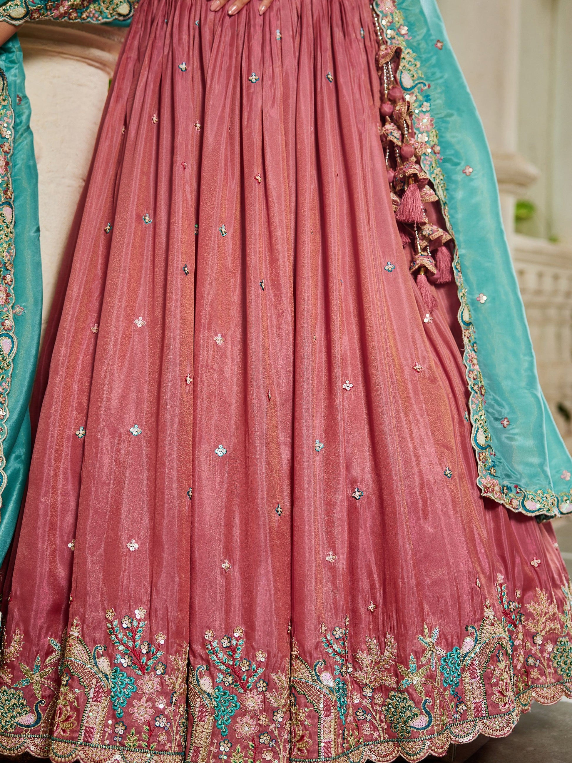 Wonderful Pink Thread Embroidered Satin Lehenga Choli With Dupatta - Zeel Clothing