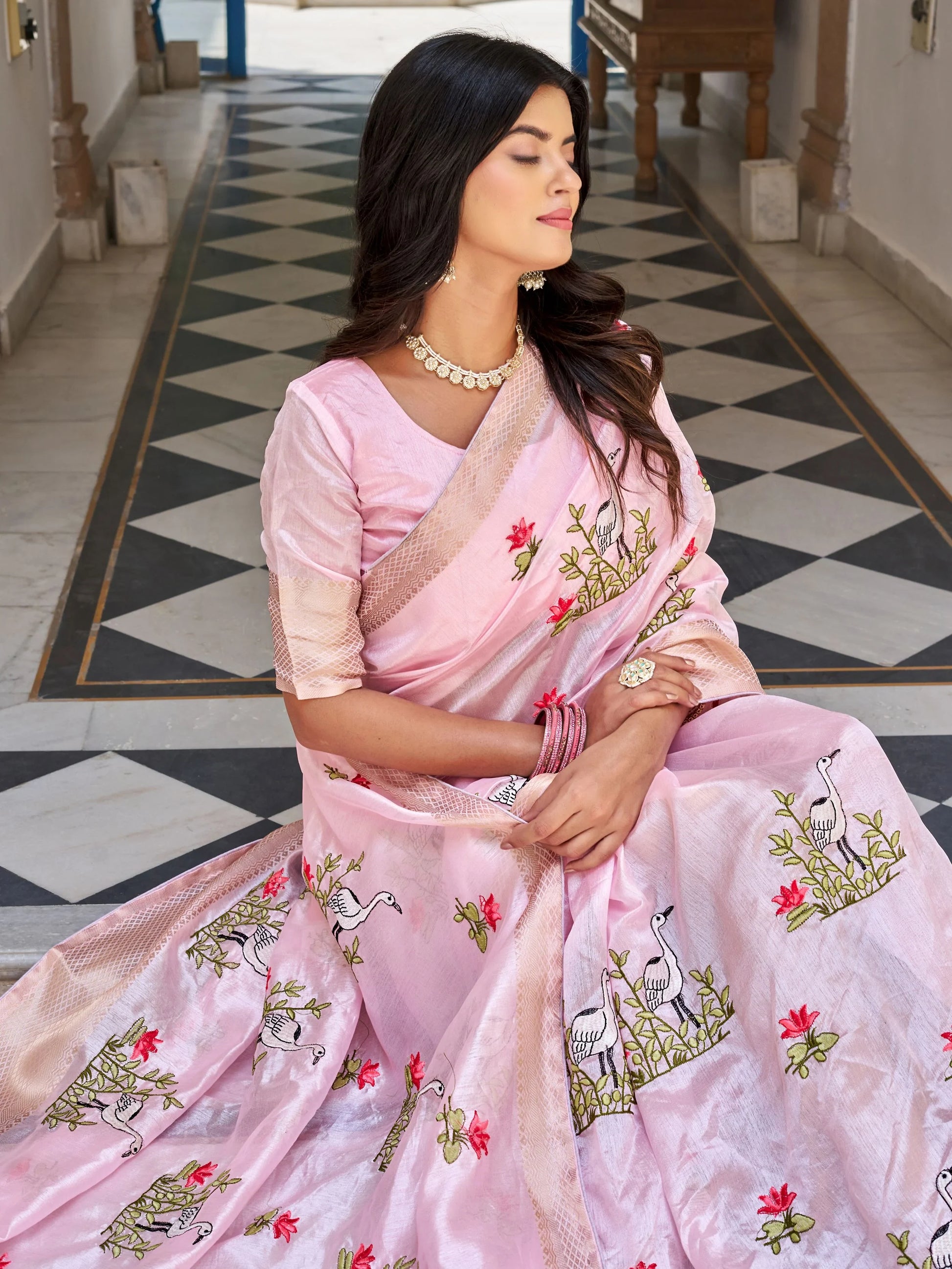 Wonderful Pink Thread Embroidered Silk Traditional Saree With Blouse - Zeel Clothing
