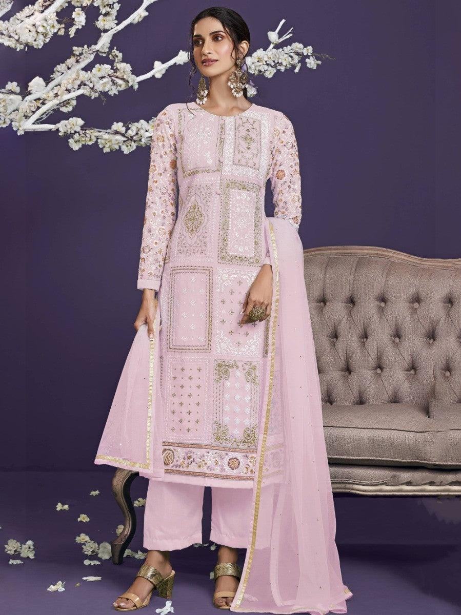 Elegant pink embroidered kurta set with matching dupatta, perfect for women's fashion trends