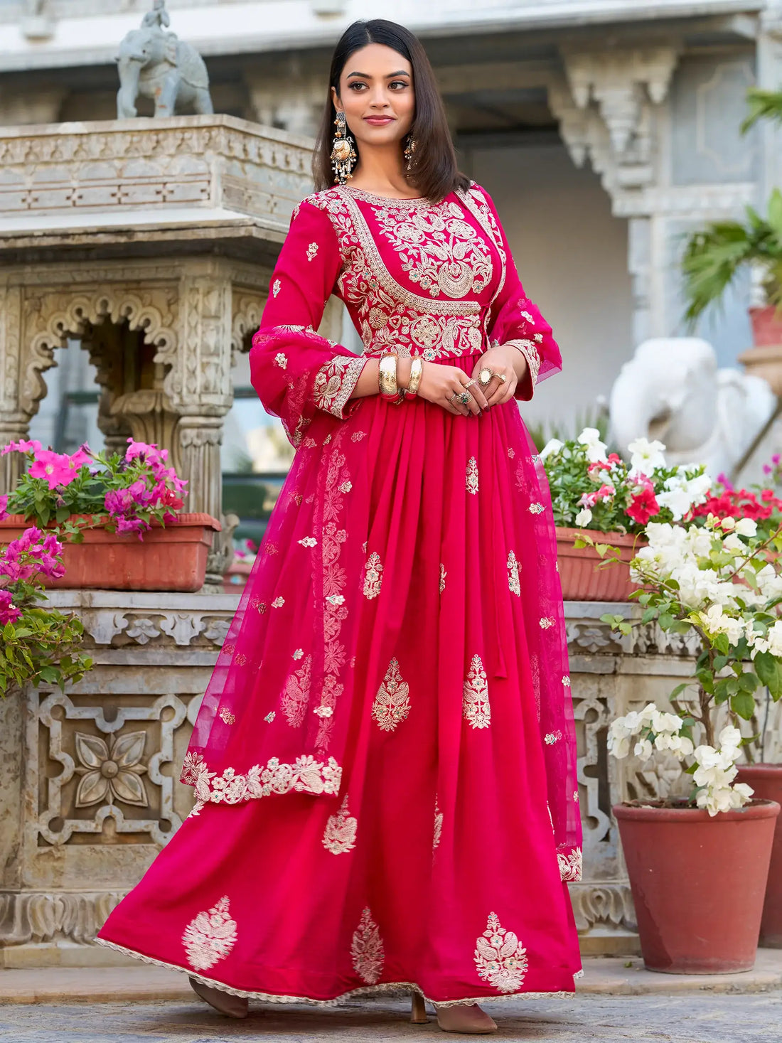 Wonderful Pink Thread Work Silk Eid Special Gown With Dupatta - Zeel Clothing