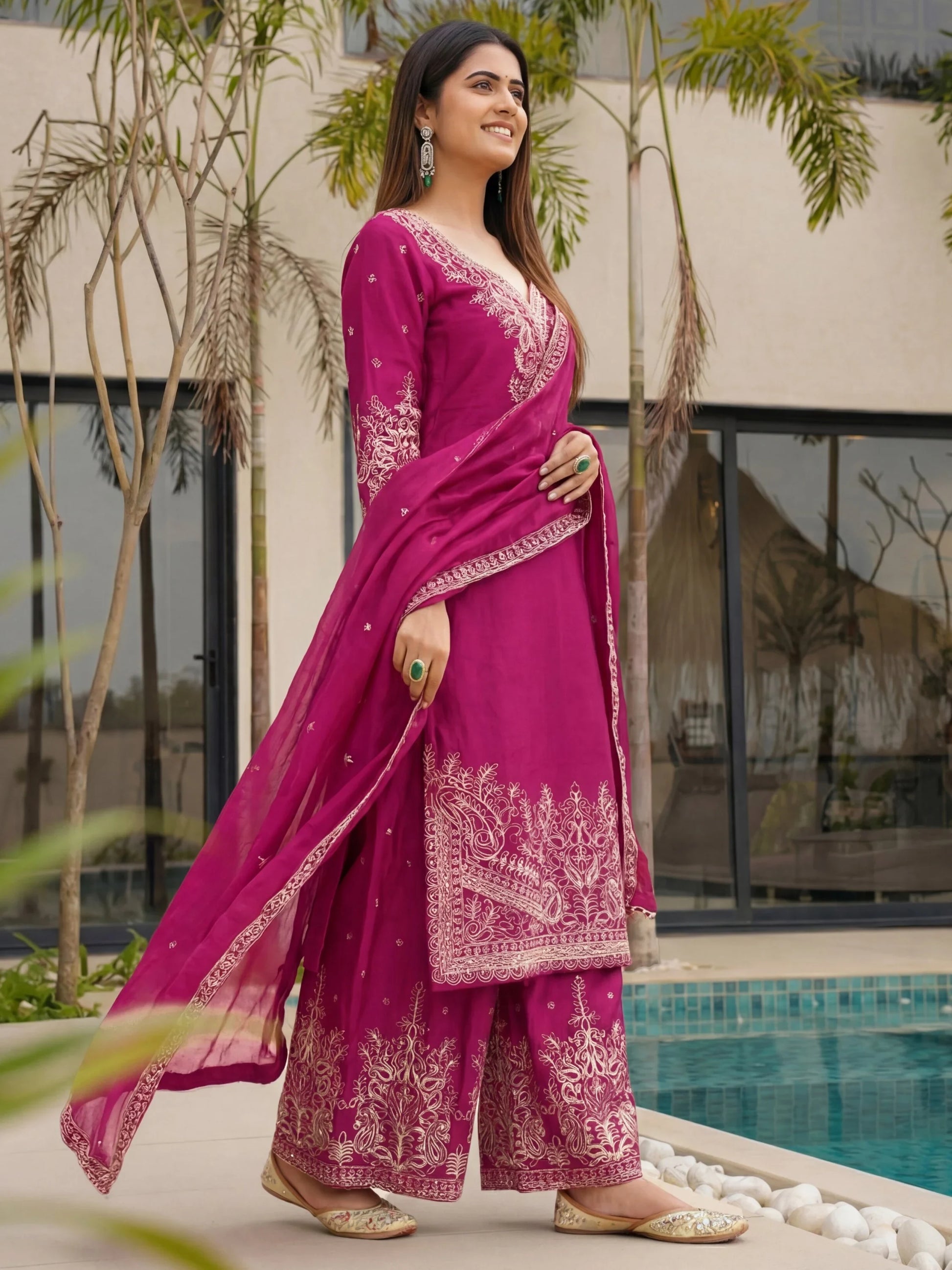 Wonderful Pink Zari Embroidered Chinon Engagement Wear Palazzo Suit