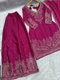 Wonderful Pink Zari Embroidered Chinon Engagement Wear Palazzo Suit