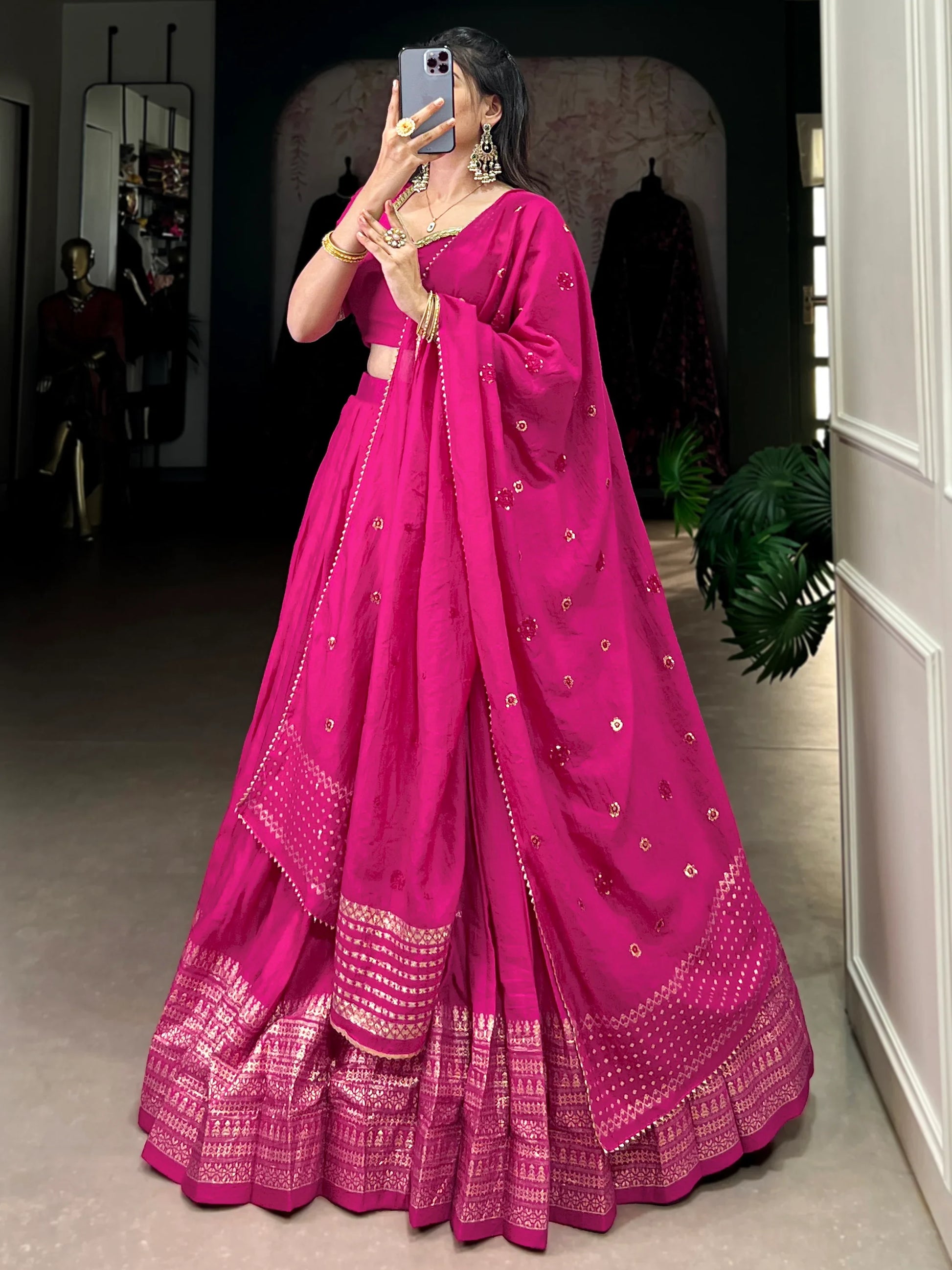 Wonderful Pink Zari Weaving Chanderi Traditional Lehenga Choli - Zeel Clothing