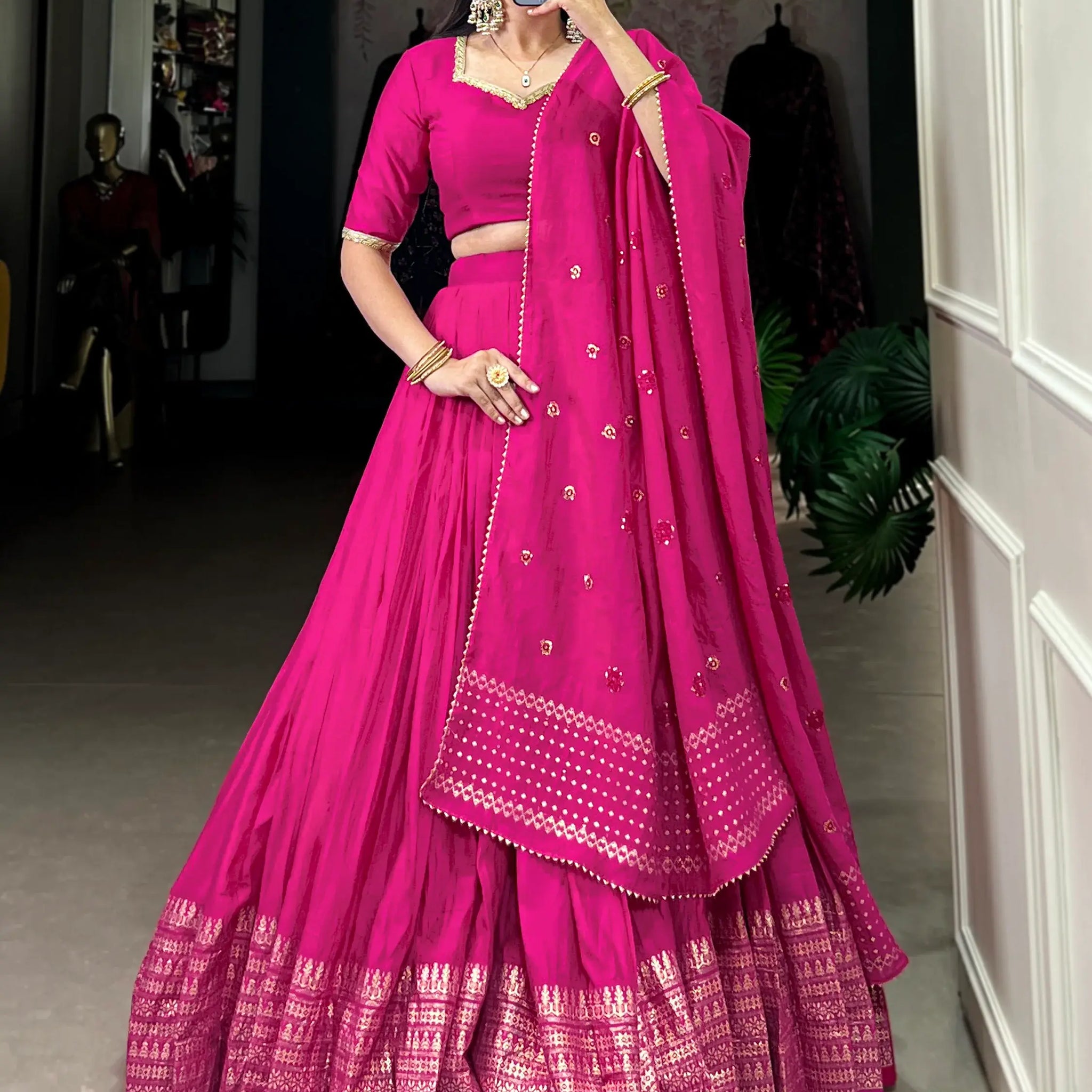 Wonderful Pink Zari Weaving Chanderi Traditional Lehenga Choli - Zeel Clothing