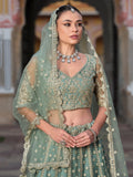 Wonderful Pista Green Embroidered Net Engagement Wear Lehenga Choli