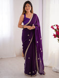 Wonderful Purple Beads Work Silk Reception Wear Saree With Blouse - Zeel Clothing