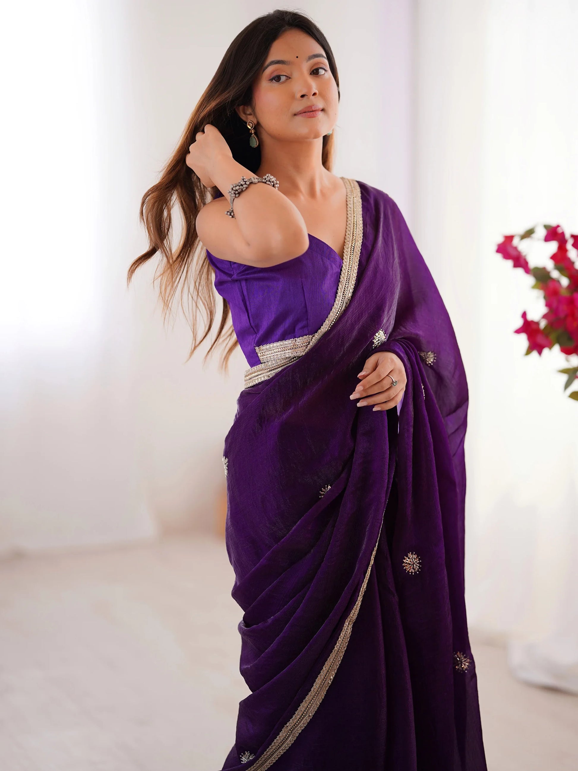 Wonderful Purple Beads Work Silk Reception Wear Saree With Blouse - Zeel Clothing