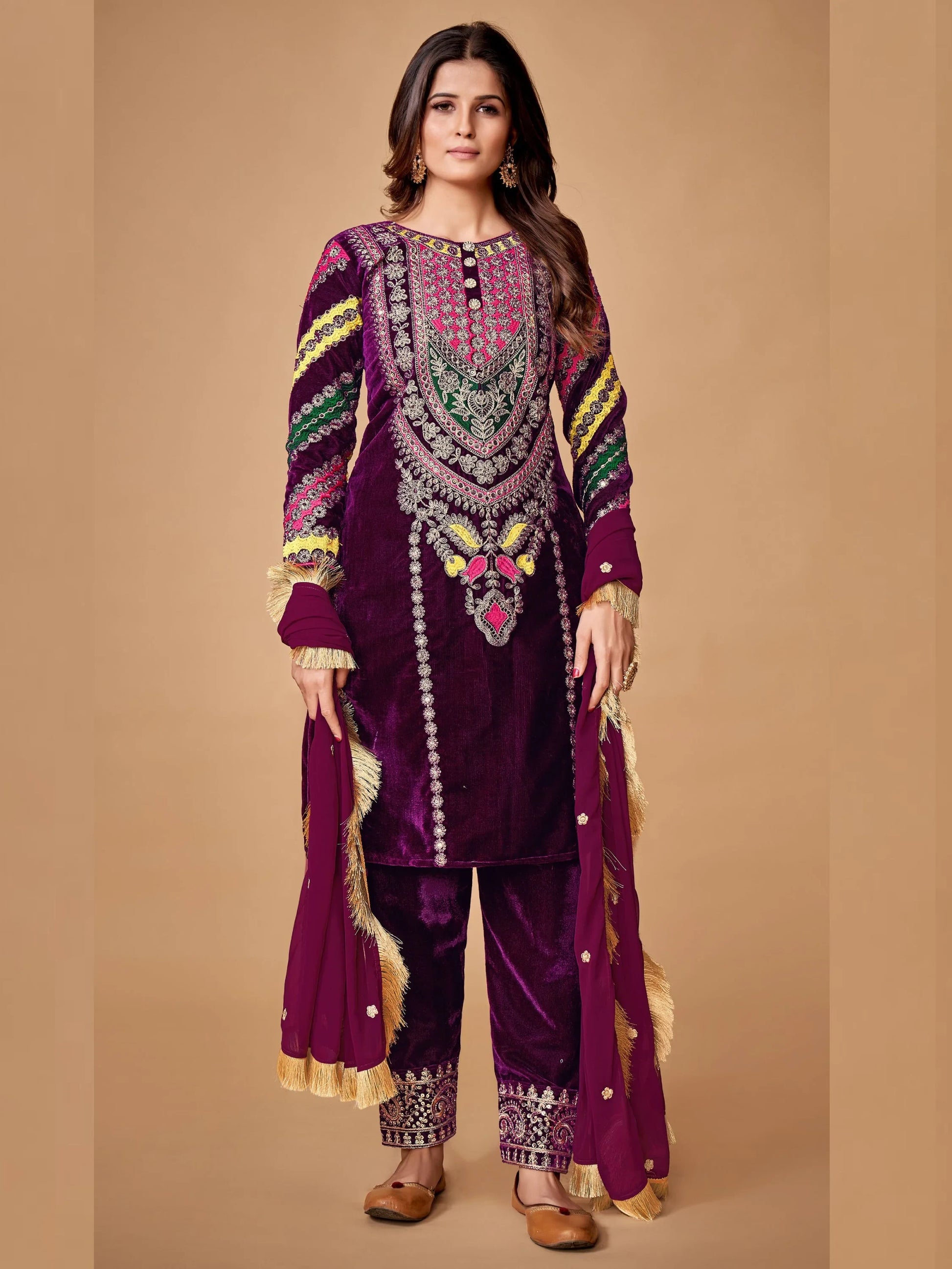 Wonderful Purple Dori Embroidered Velvet Festive Wear Pant Suit With Dupatta - Zeel Clothing