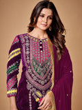 Wonderful Purple Dori Embroidered Velvet Festive Wear Pant Suit With Dupatta - Zeel Clothing