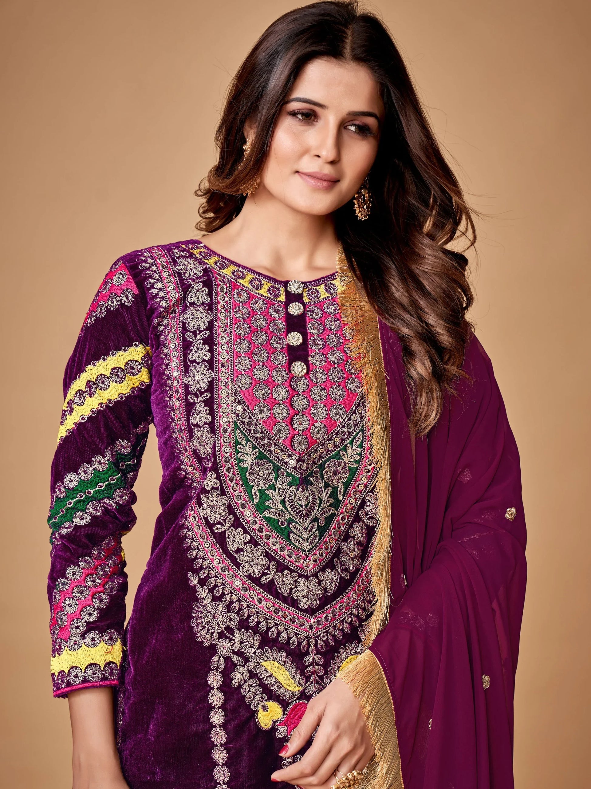 Wonderful Purple Dori Embroidered Velvet Festive Wear Pant Suit With Dupatta - Zeel Clothing