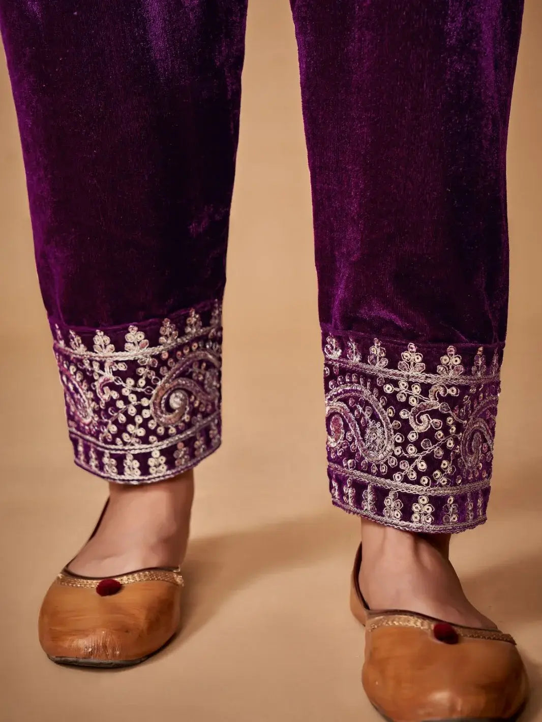 Wonderful Purple Dori Embroidered Velvet Festive Wear Pant Suit With Dupatta - Zeel Clothing