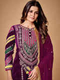 Wonderful Purple Dori Embroidered Velvet Festive Wear Pant Suit With Dupatta - Zeel Clothing