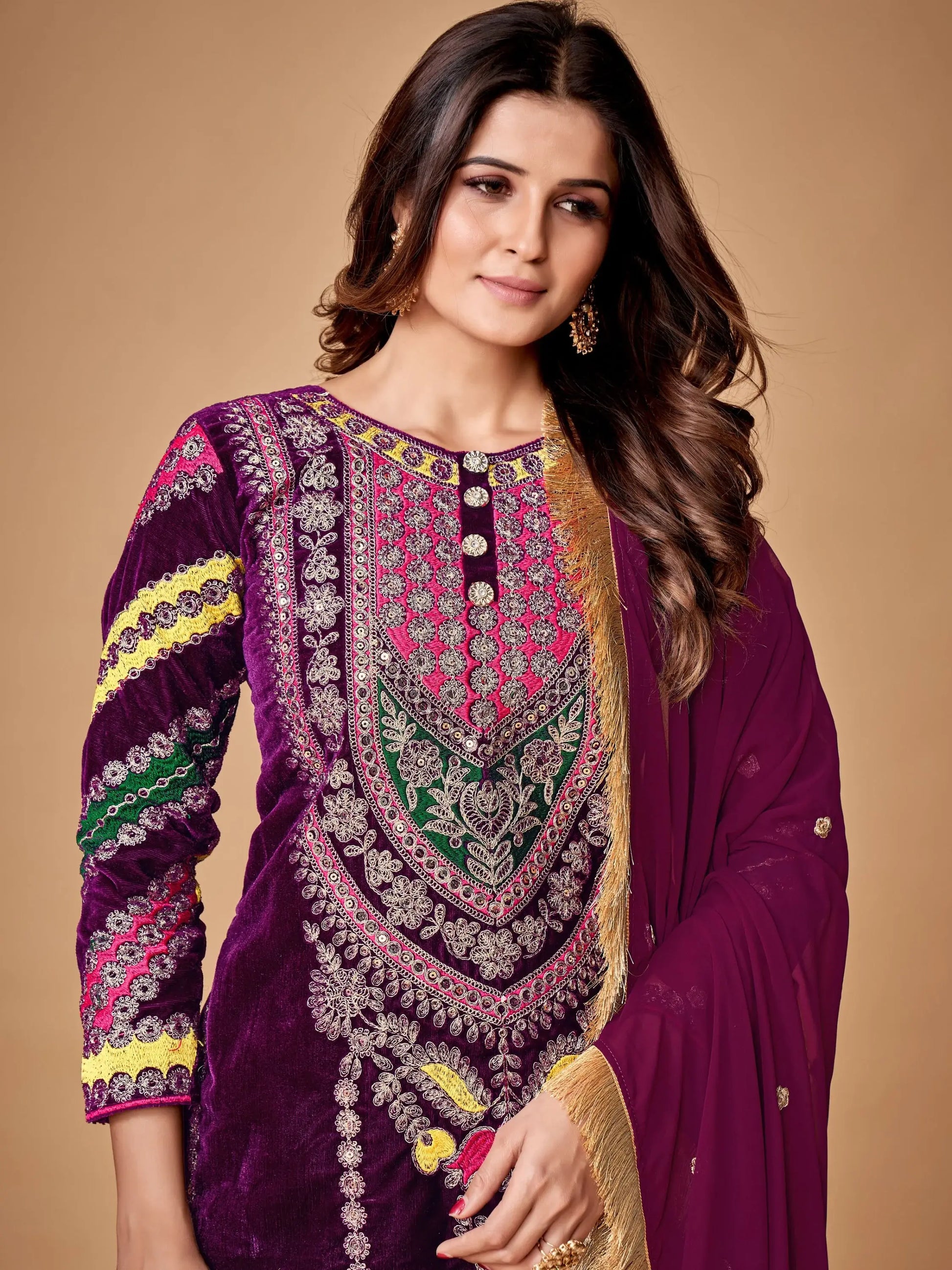 Wonderful Purple Dori Embroidered Velvet Festive Wear Pant Suit With Dupatta - Zeel Clothing