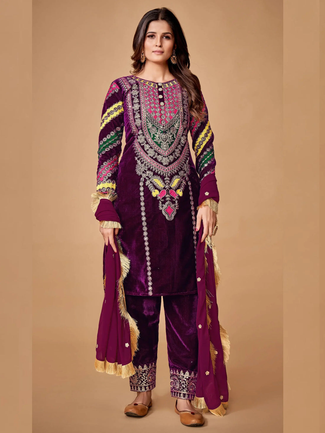 Wonderful Purple Dori Embroidered Velvet Festive Wear Pant Suit With Dupatta - Zeel Clothing