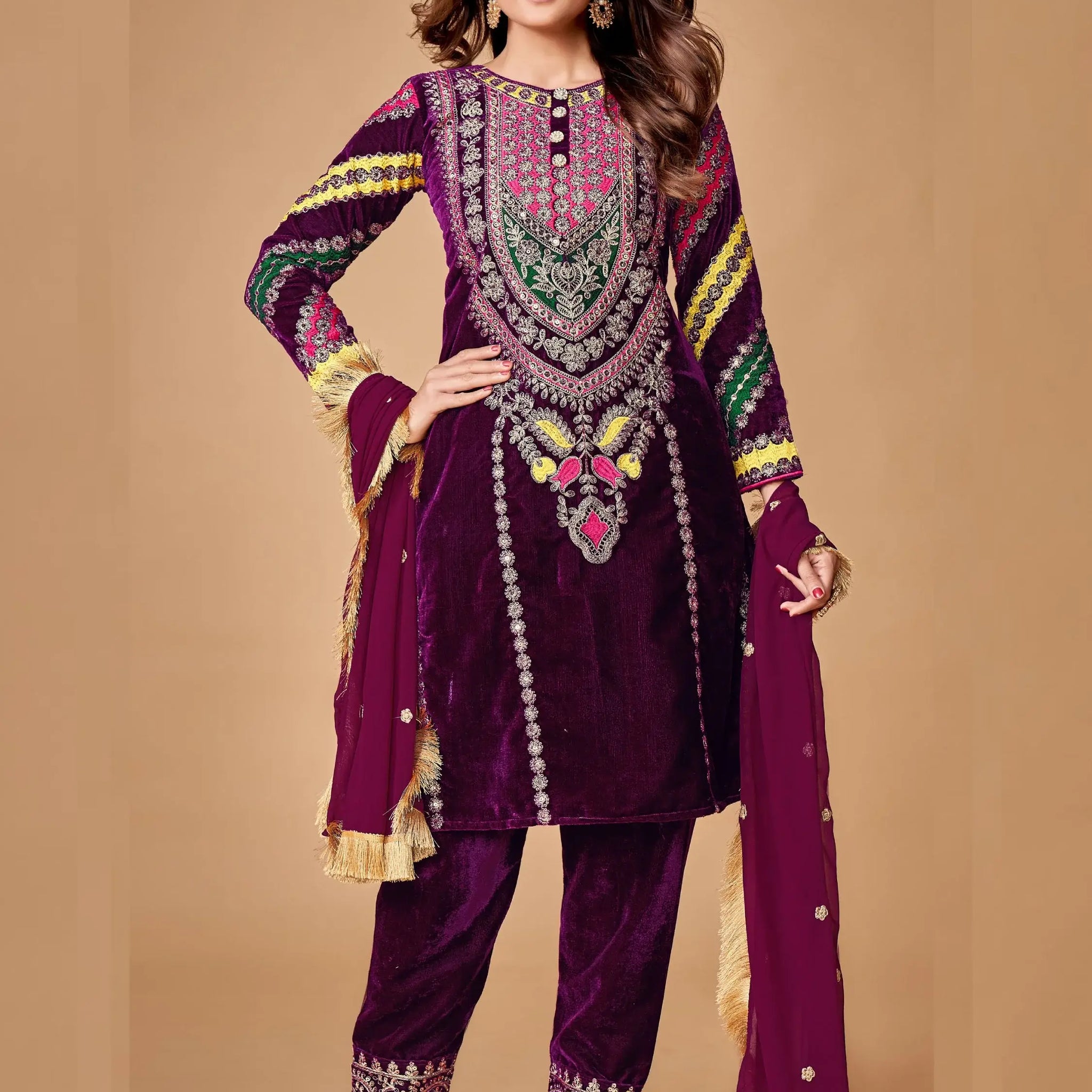 Wonderful Purple Dori Embroidered Velvet Festive Wear Pant Suit With Dupatta - Zeel Clothing