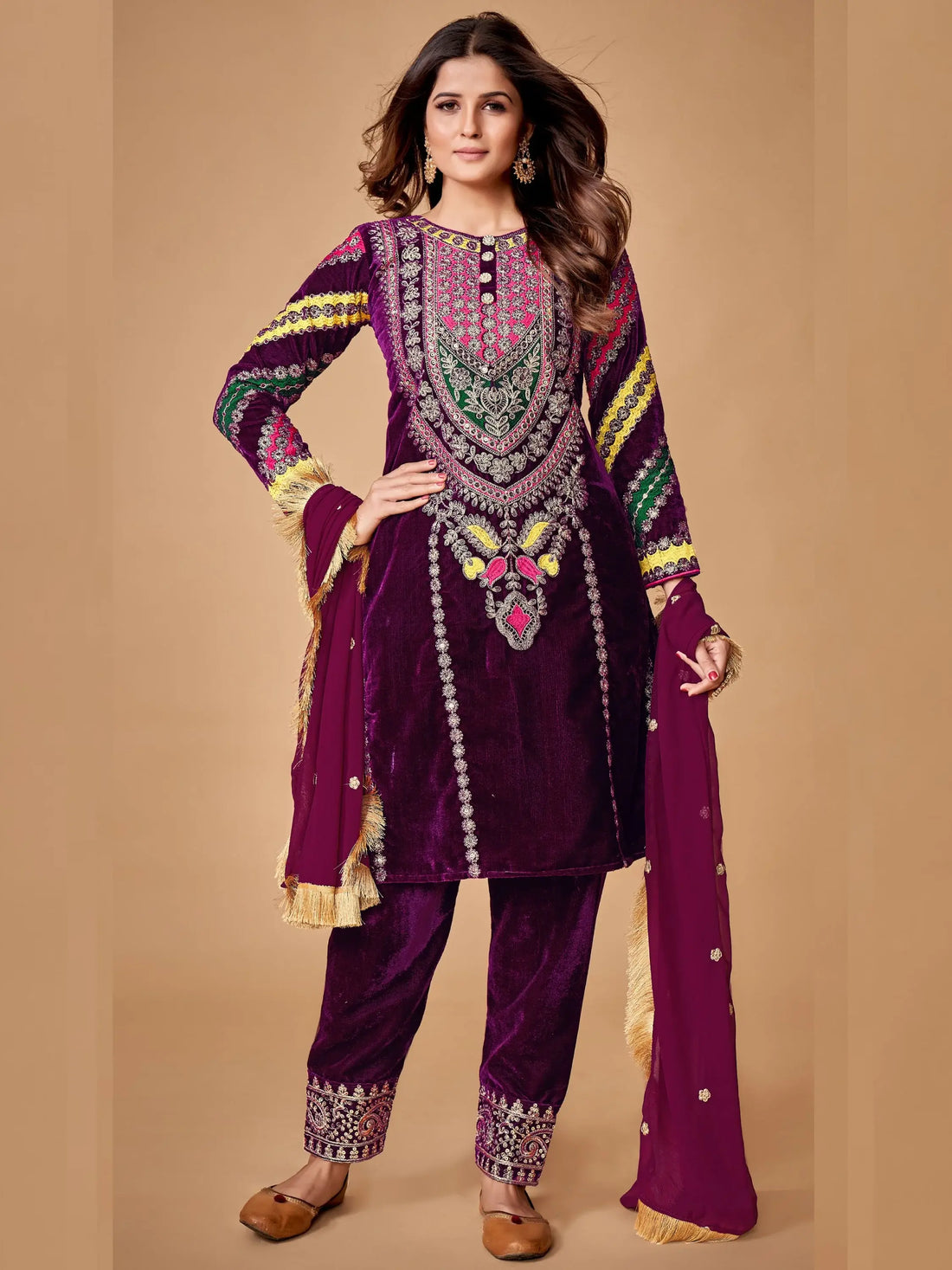 Wonderful Purple Dori Embroidered Velvet Festive Wear Pant Suit With Dupatta - Zeel Clothing