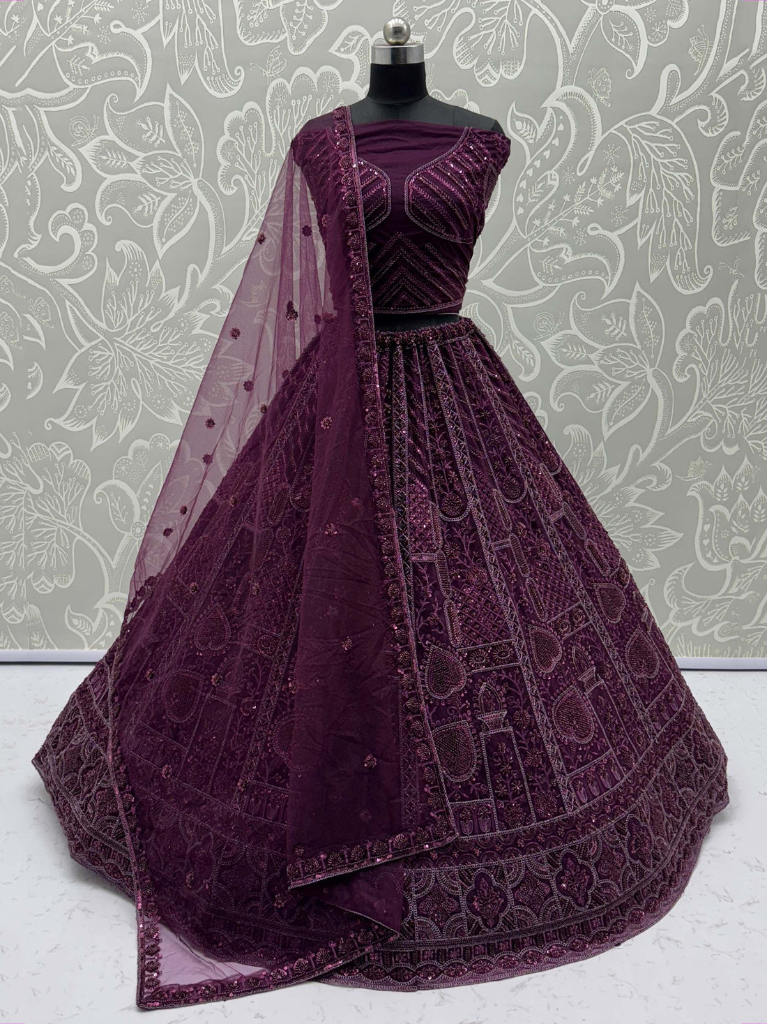 Wonderful Purple Dori Embroidery Net Monochrome Lehenga Choli With Dupatta - Zeel Clothing