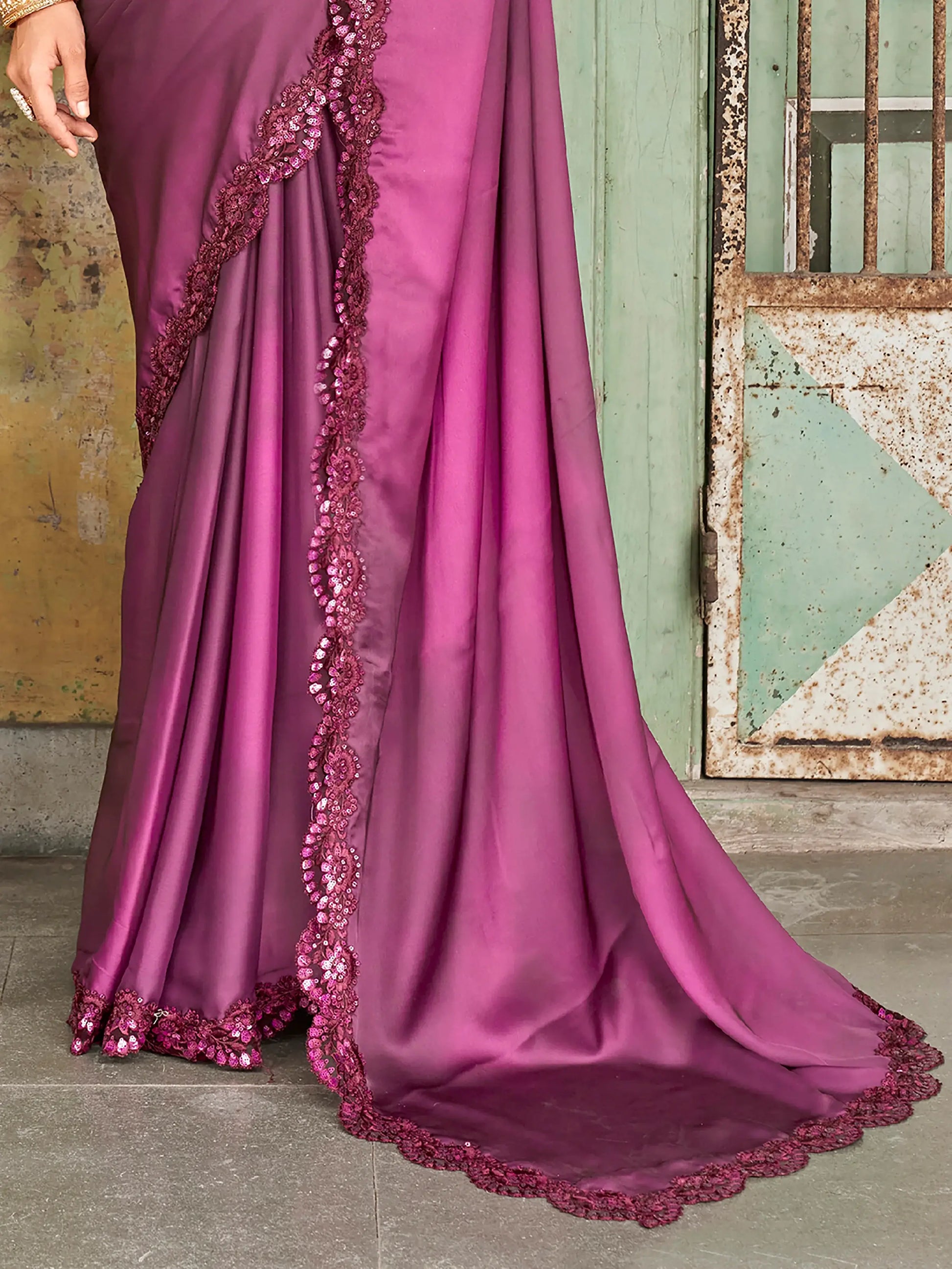 Wonderful Purple Embroidered Satin Party Wear Saree With Blouse - Zeel Clothing