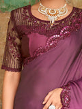 Wonderful Purple Embroidered Satin Party Wear Saree With Blouse - Zeel Clothing