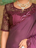 Wonderful Purple Embroidered Satin Party Wear Saree With Blouse - Zeel Clothing