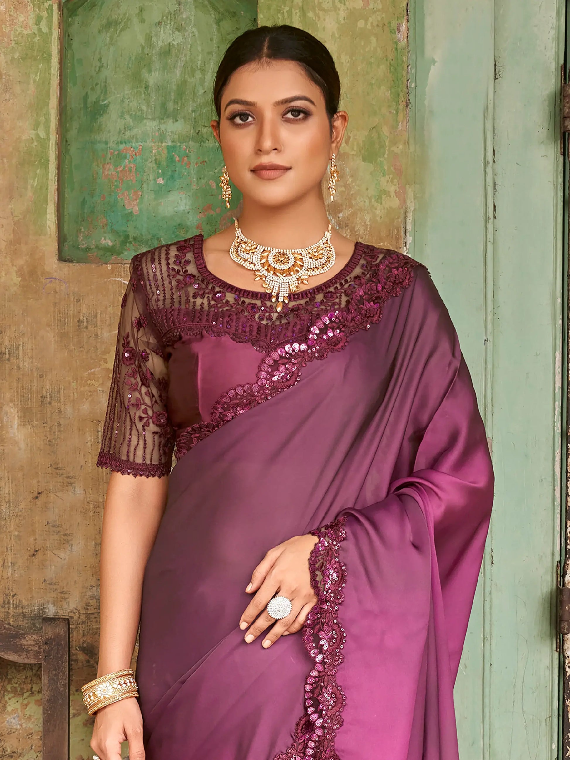 Wonderful Purple Embroidered Satin Party Wear Saree With Blouse - Zeel Clothing