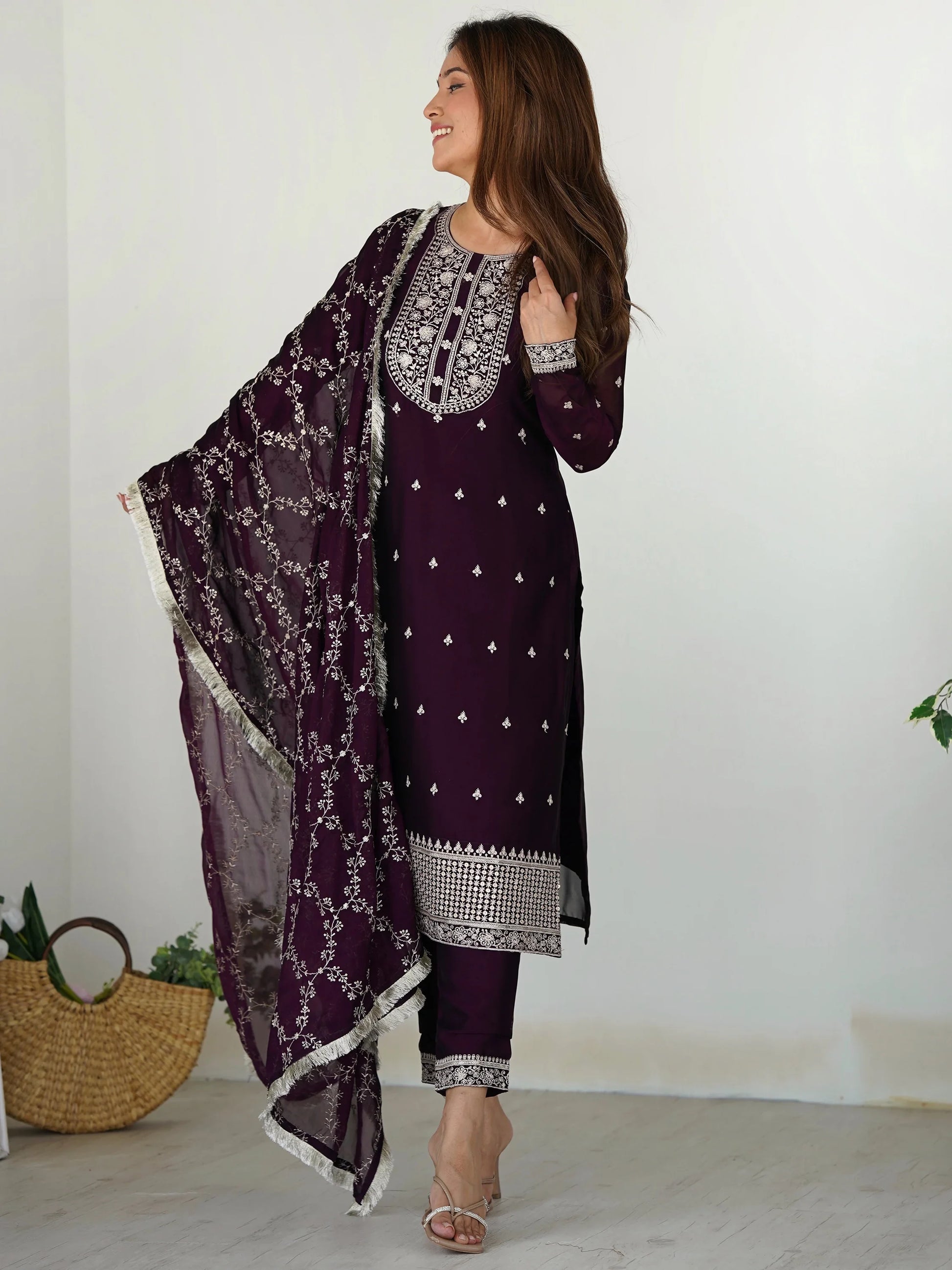 Wonderful Purple Embroidered Silk Pant Suit With Dupatta - Zeel Clothing