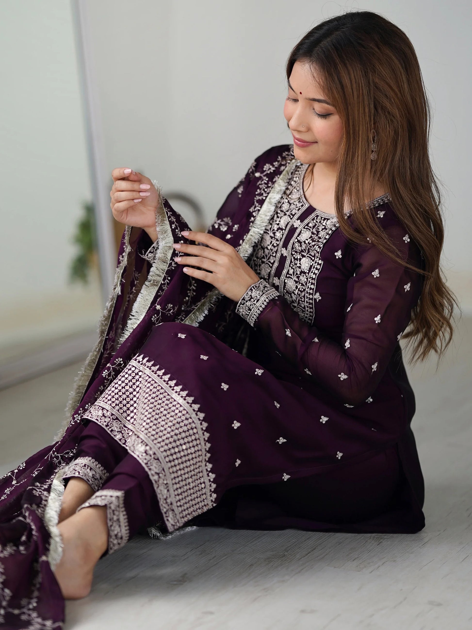 Wonderful Purple Embroidered Silk Pant Suit With Dupatta - Zeel Clothing