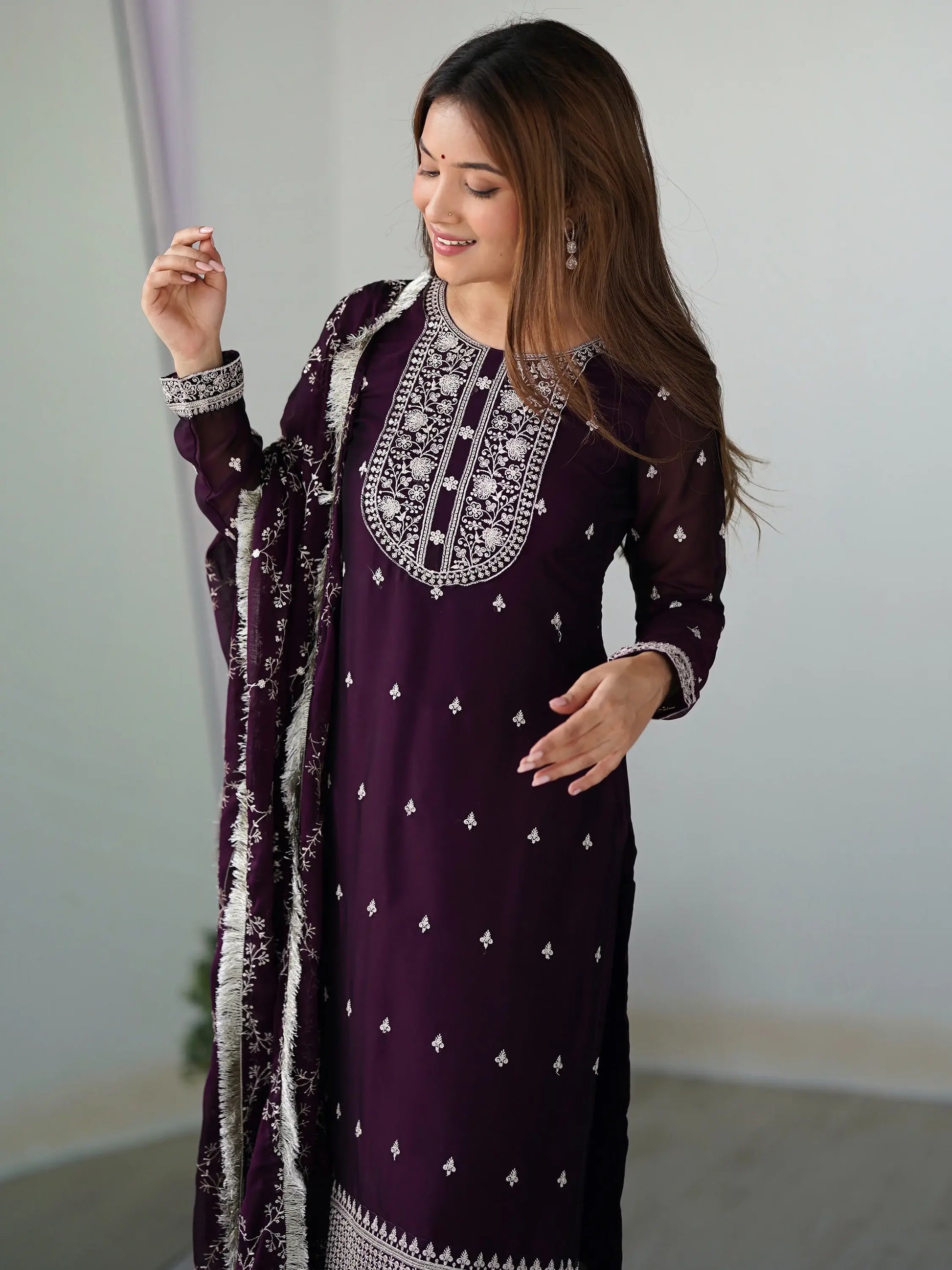 Wonderful Purple Embroidered Silk Pant Suit With Dupatta - Zeel Clothing