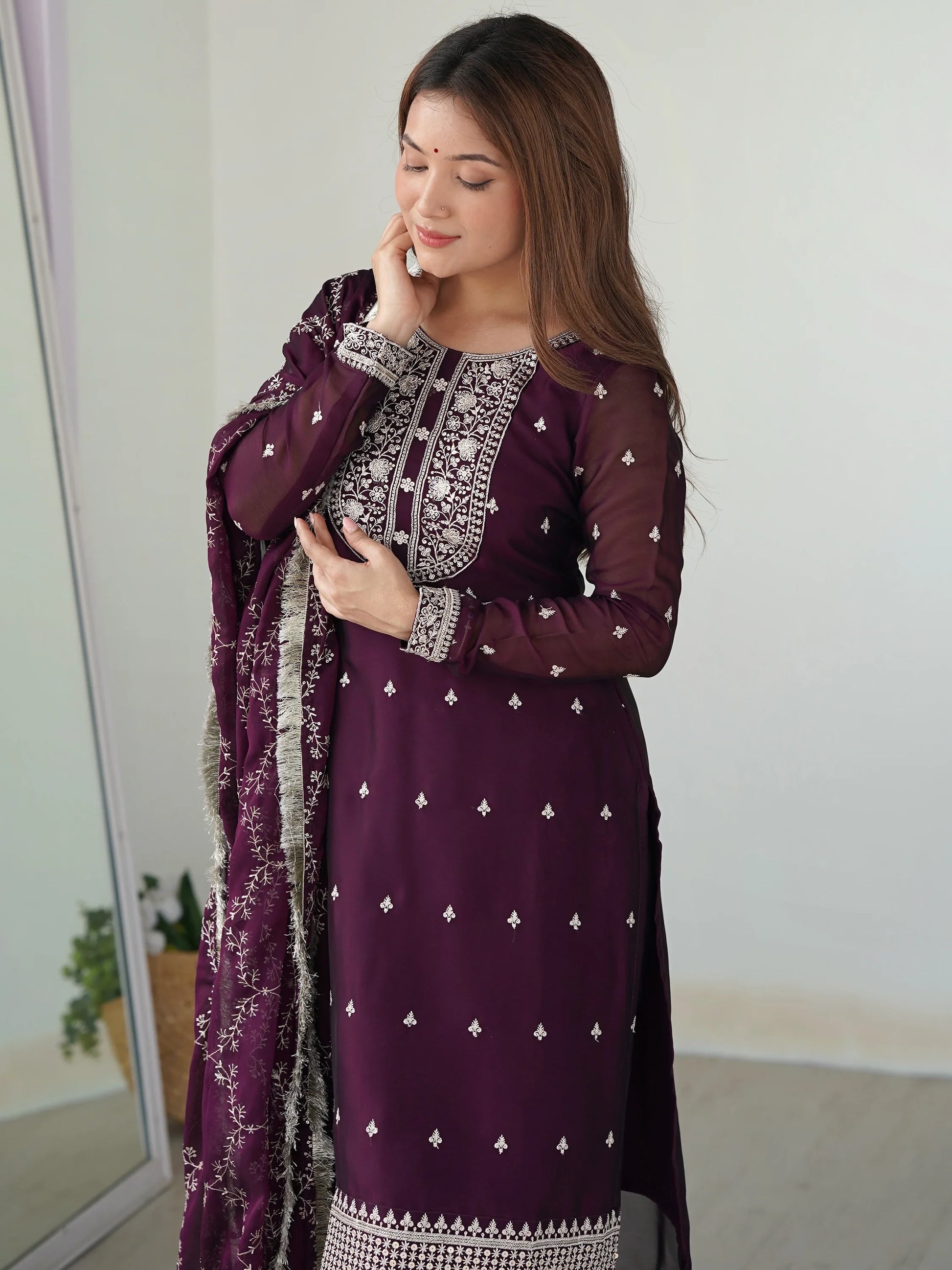 Wonderful Purple Embroidered Silk Pant Suit With Dupatta - Zeel Clothing