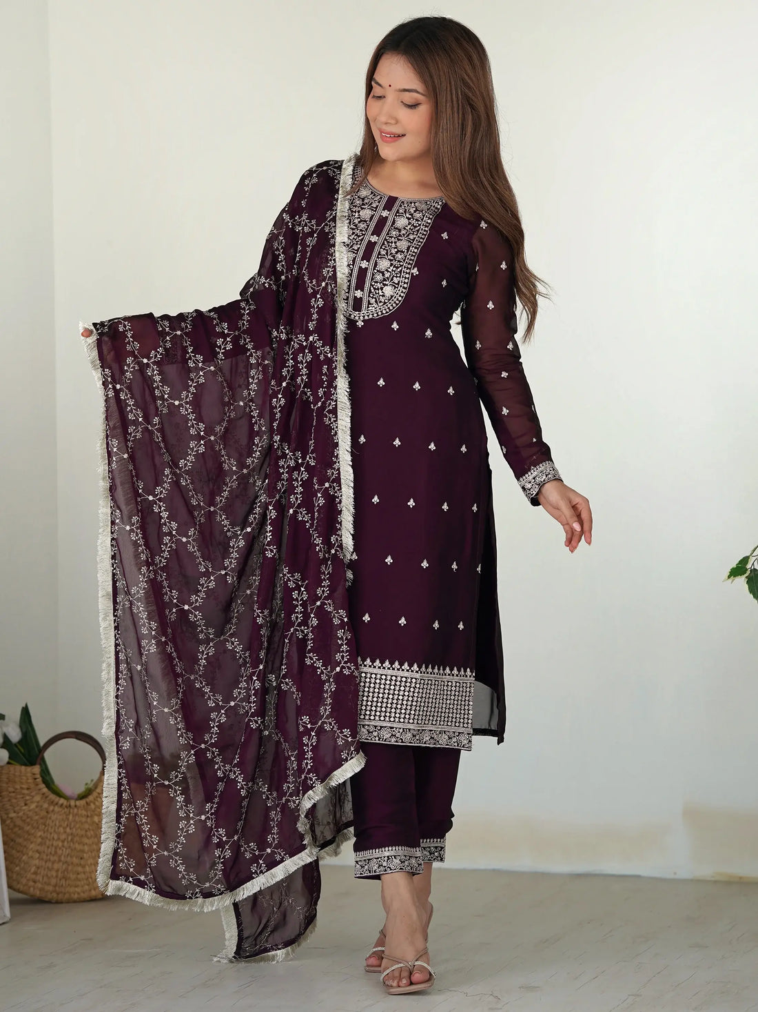 Wonderful Purple Embroidered Silk Pant Suit With Dupatta - Zeel Clothing